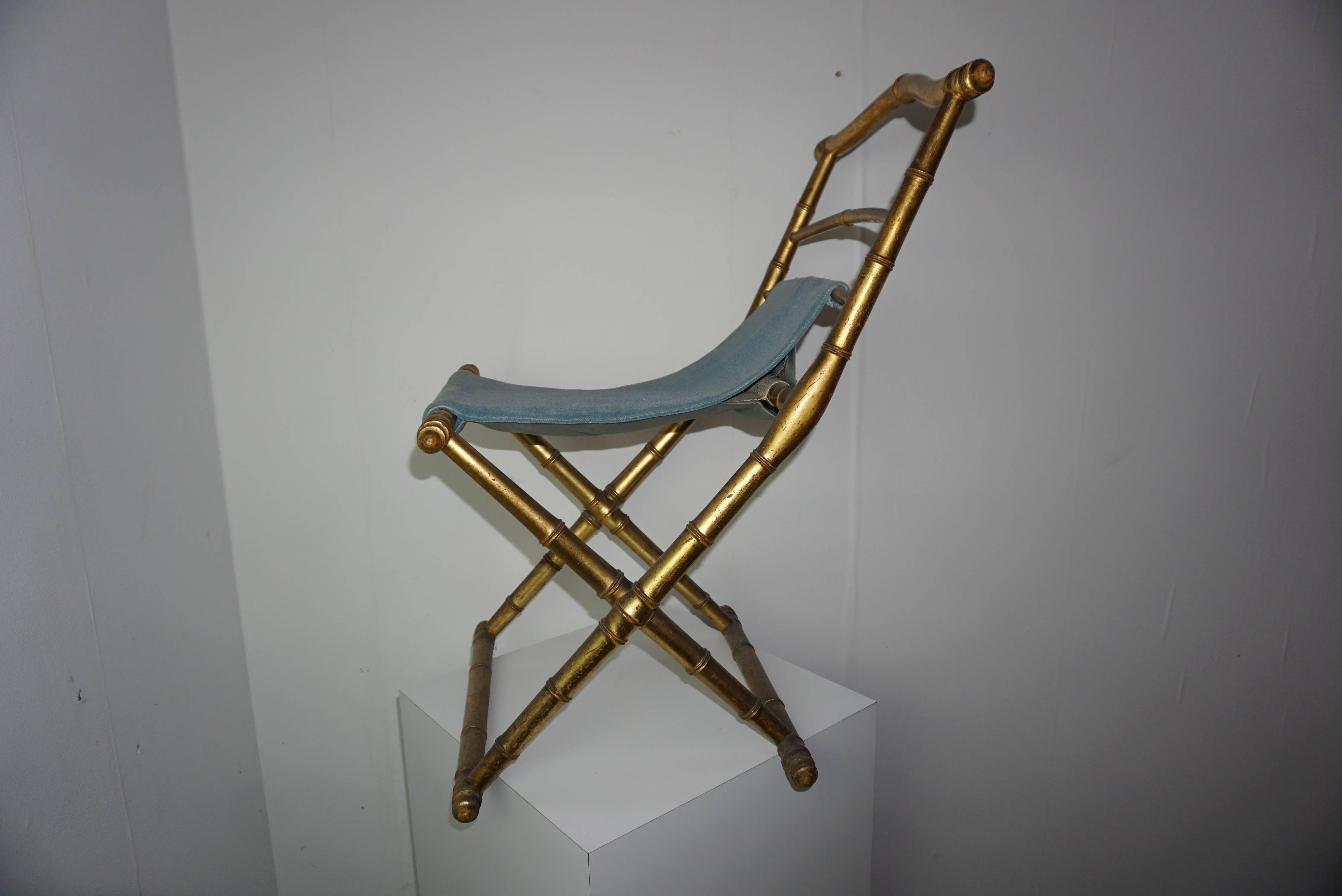 Antique French Napoleon III Folding Chair Wooden and Azure Velvet In Good Condition For Sale In Tourcoing, FR