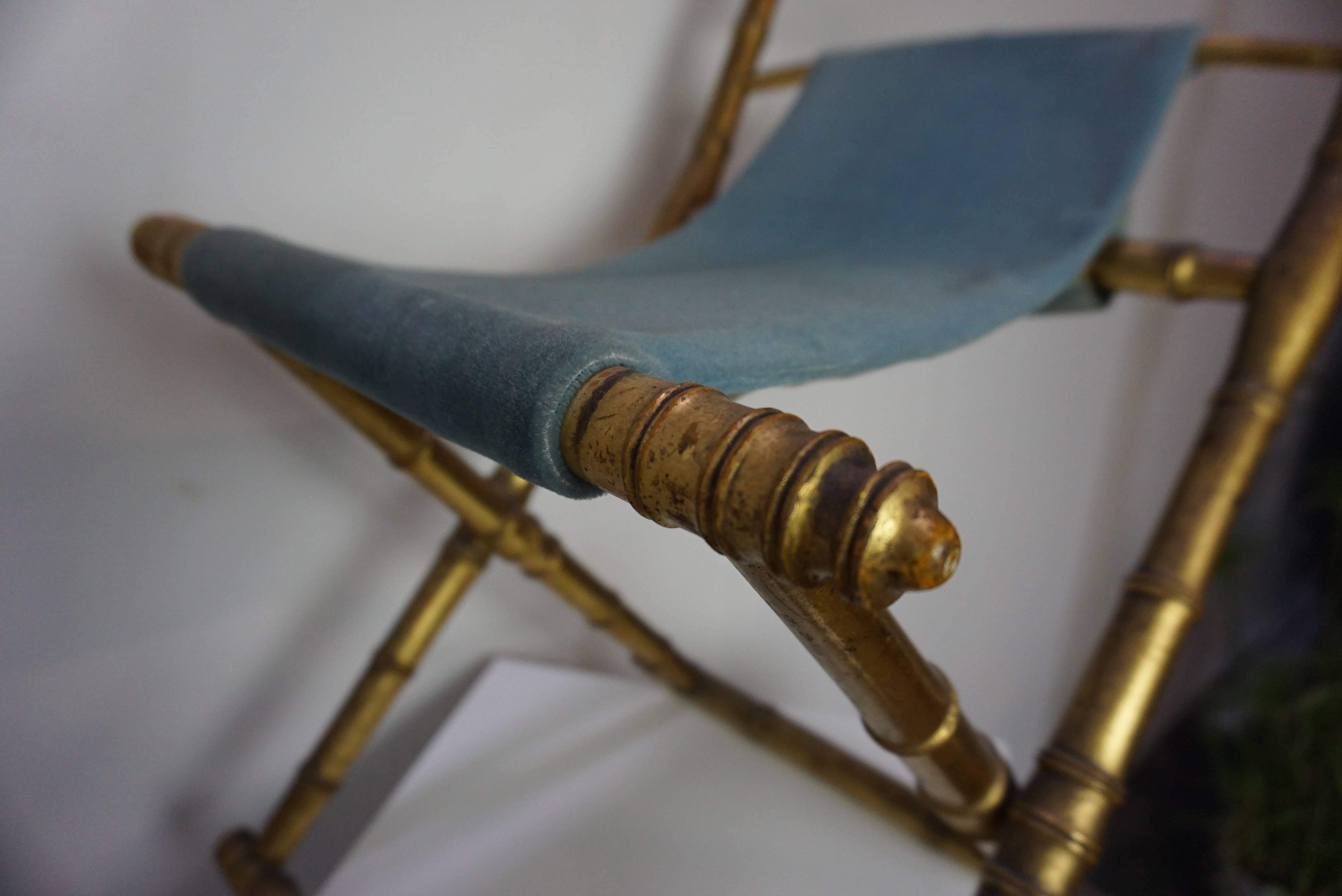 Antique French Napoleon III Folding Chair Wooden and Azure Velvet For Sale 2