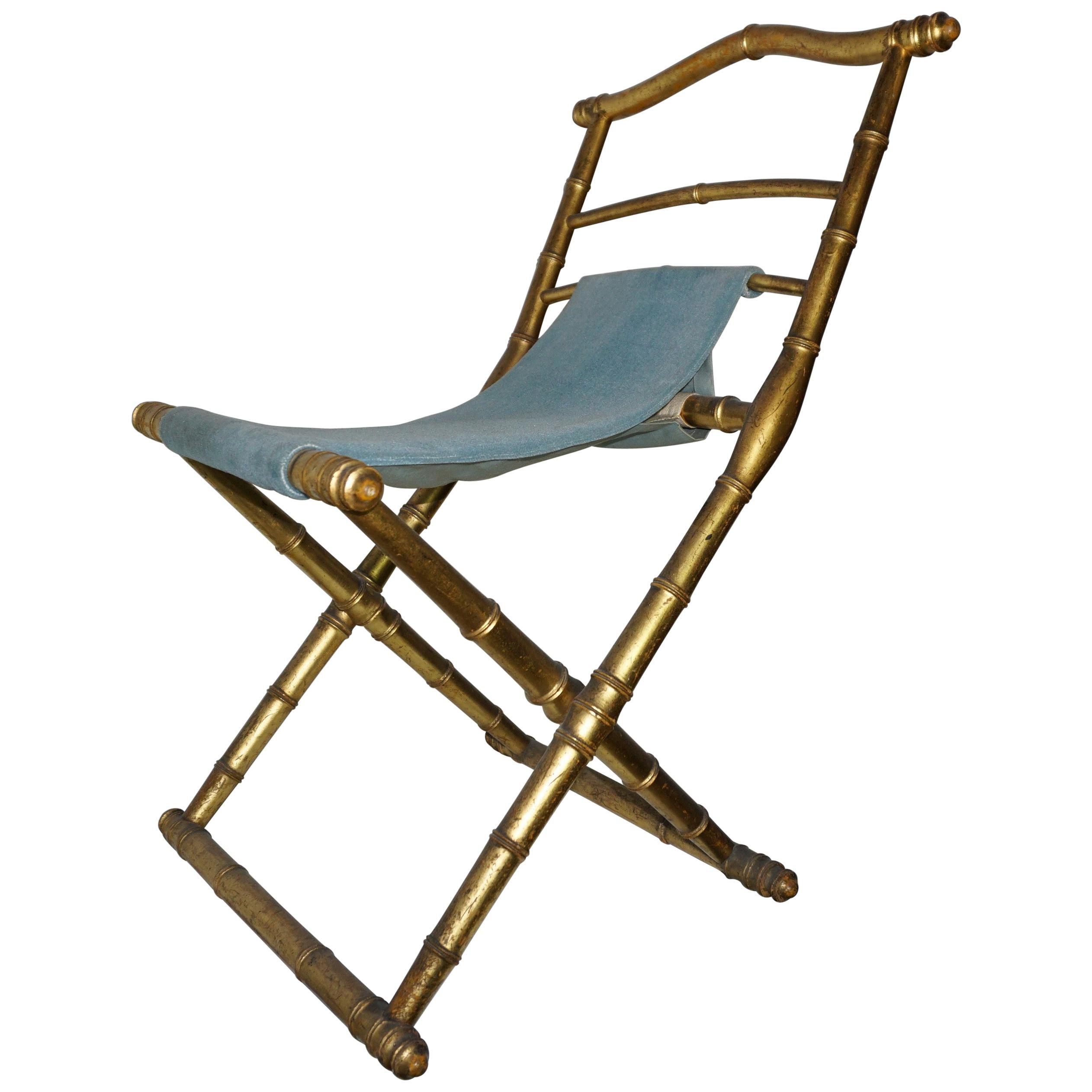 Ancienne chaise pliante française Napoléon III en bois et velours azur