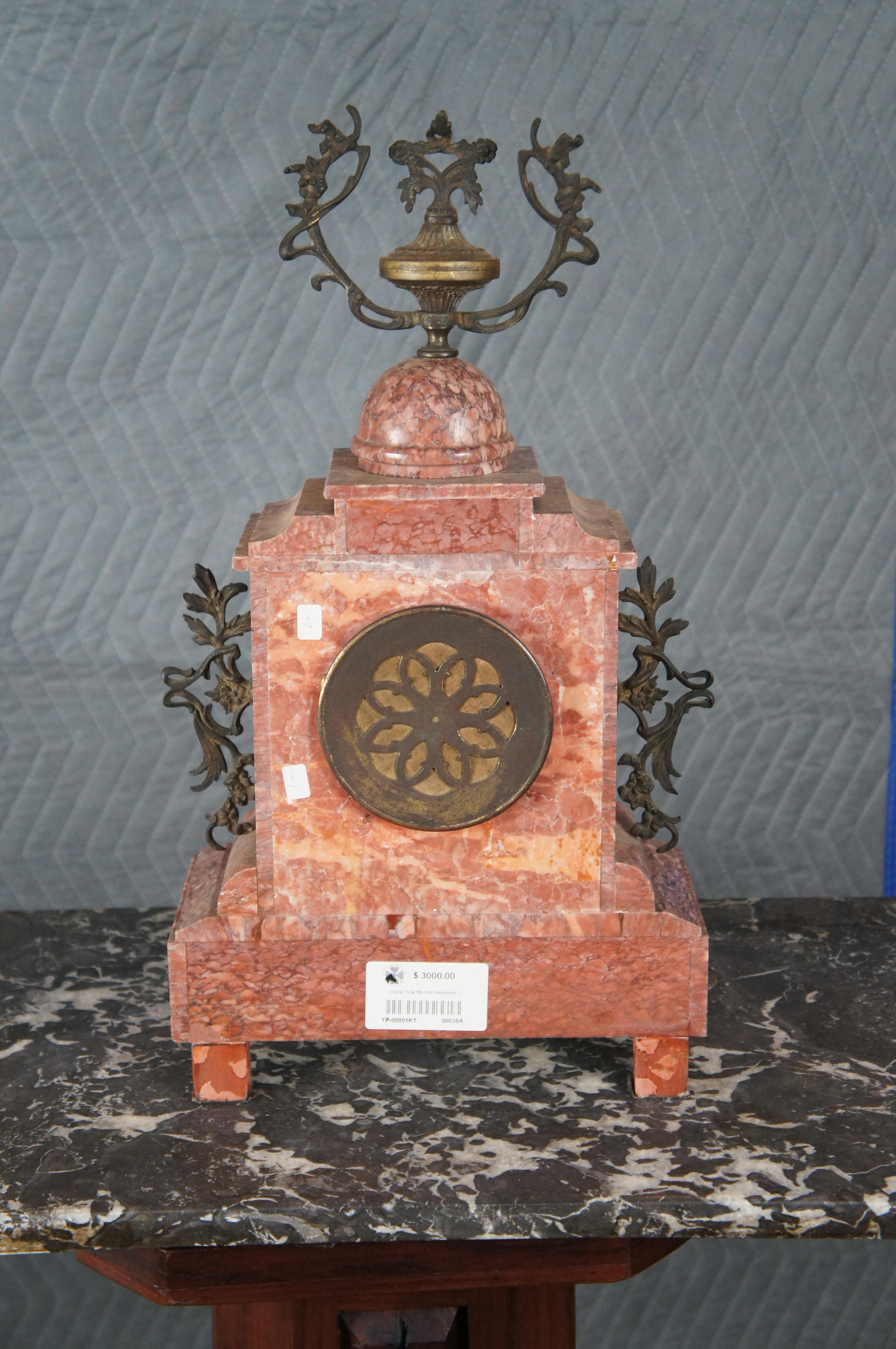 Antique French Napoleon III French Rouge Marble & Bronze Ormolu Mantel Clock 20