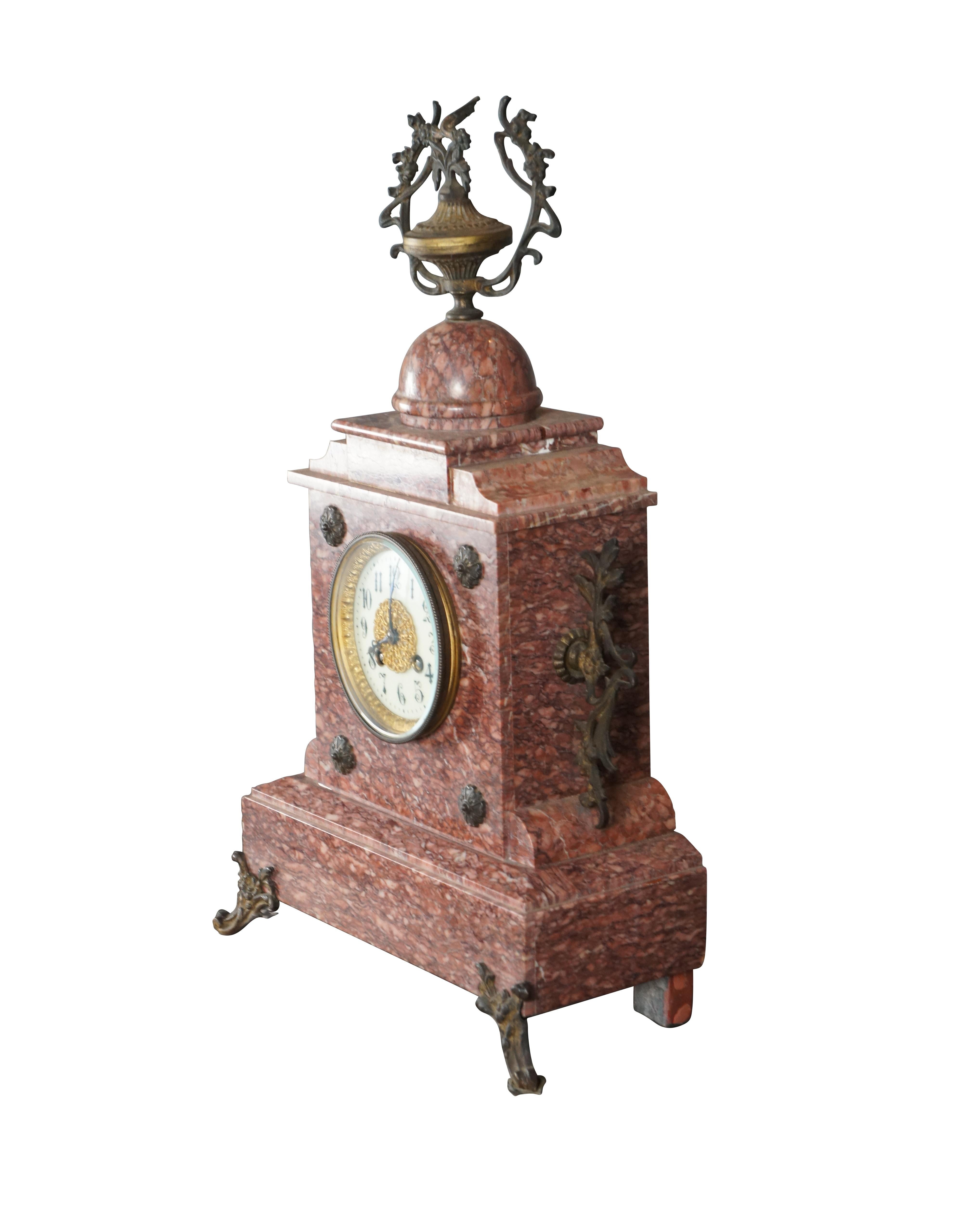 Antike Französisch Napoleon III Französisch Rouge Marmor & Bronze Ormolu Mantel Uhr 20
