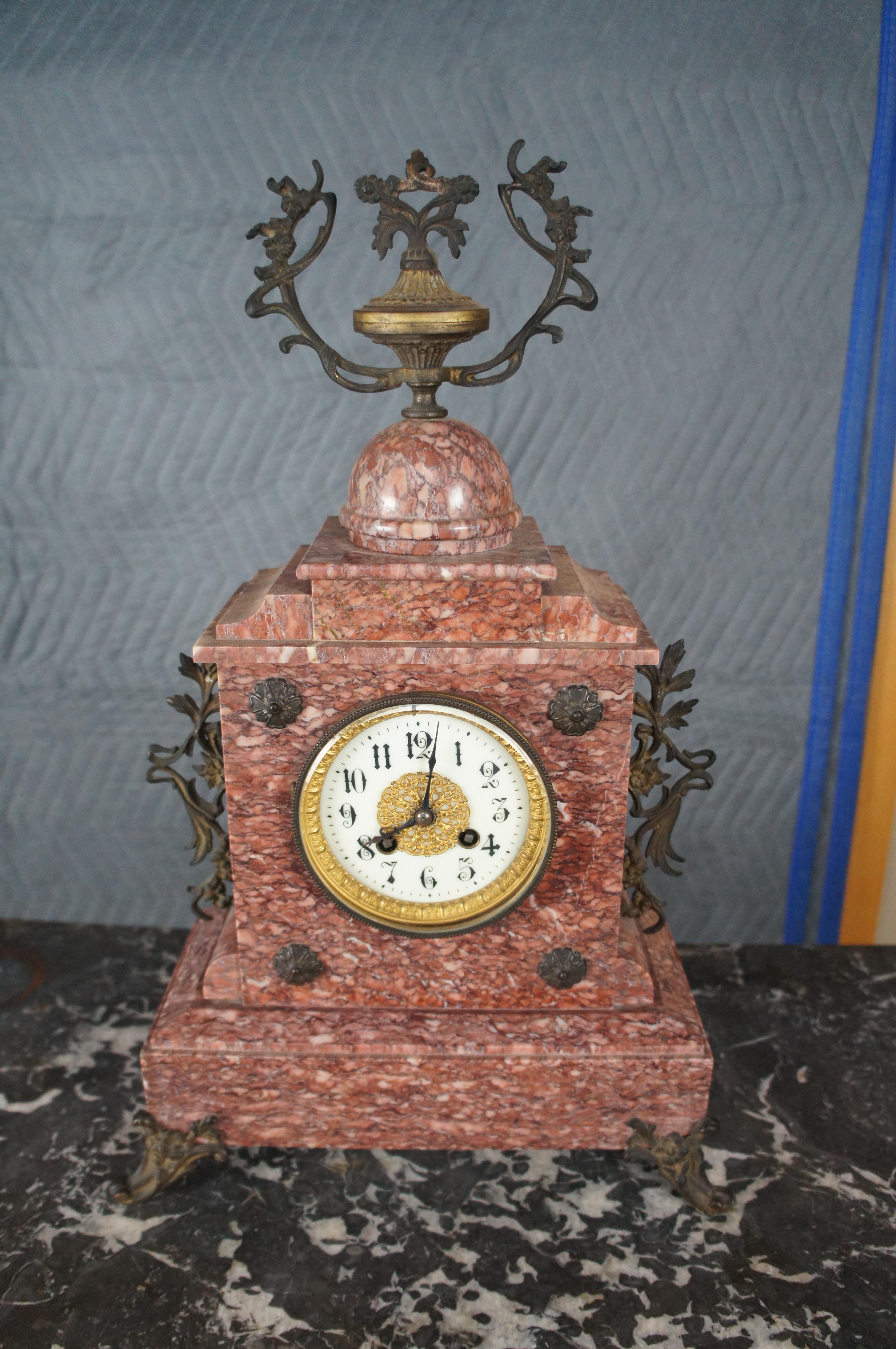 19th Century Antique French Napoleon III French Rouge Marble & Bronze Ormolu Mantel Clock 20