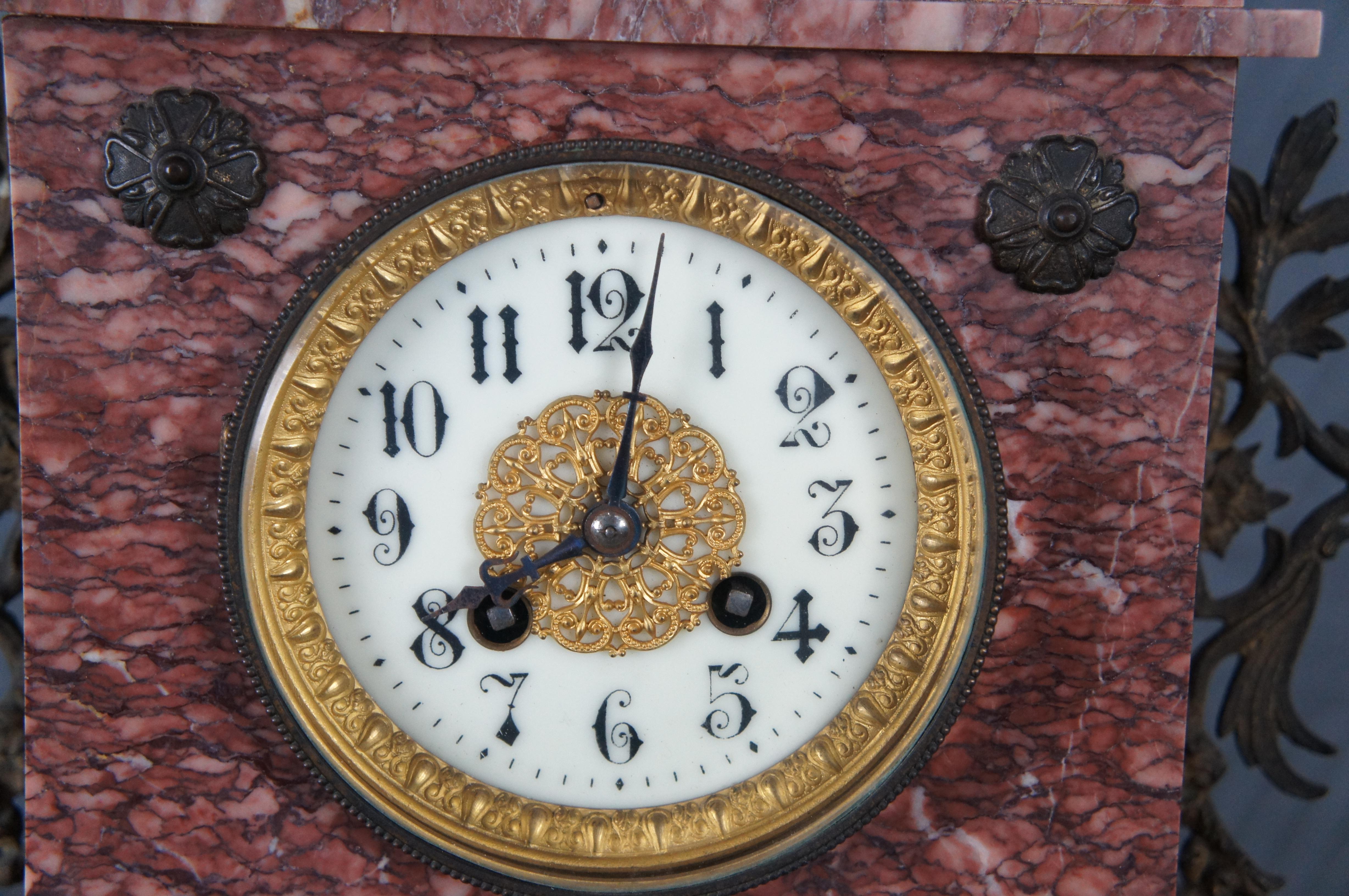 Antique French Napoleon III French Rouge Marble & Bronze Ormolu Mantel Clock 20