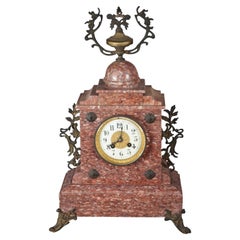 Antique French Napoleon III French Rouge Marble & Bronze Ormolu Mantel Clock 20"