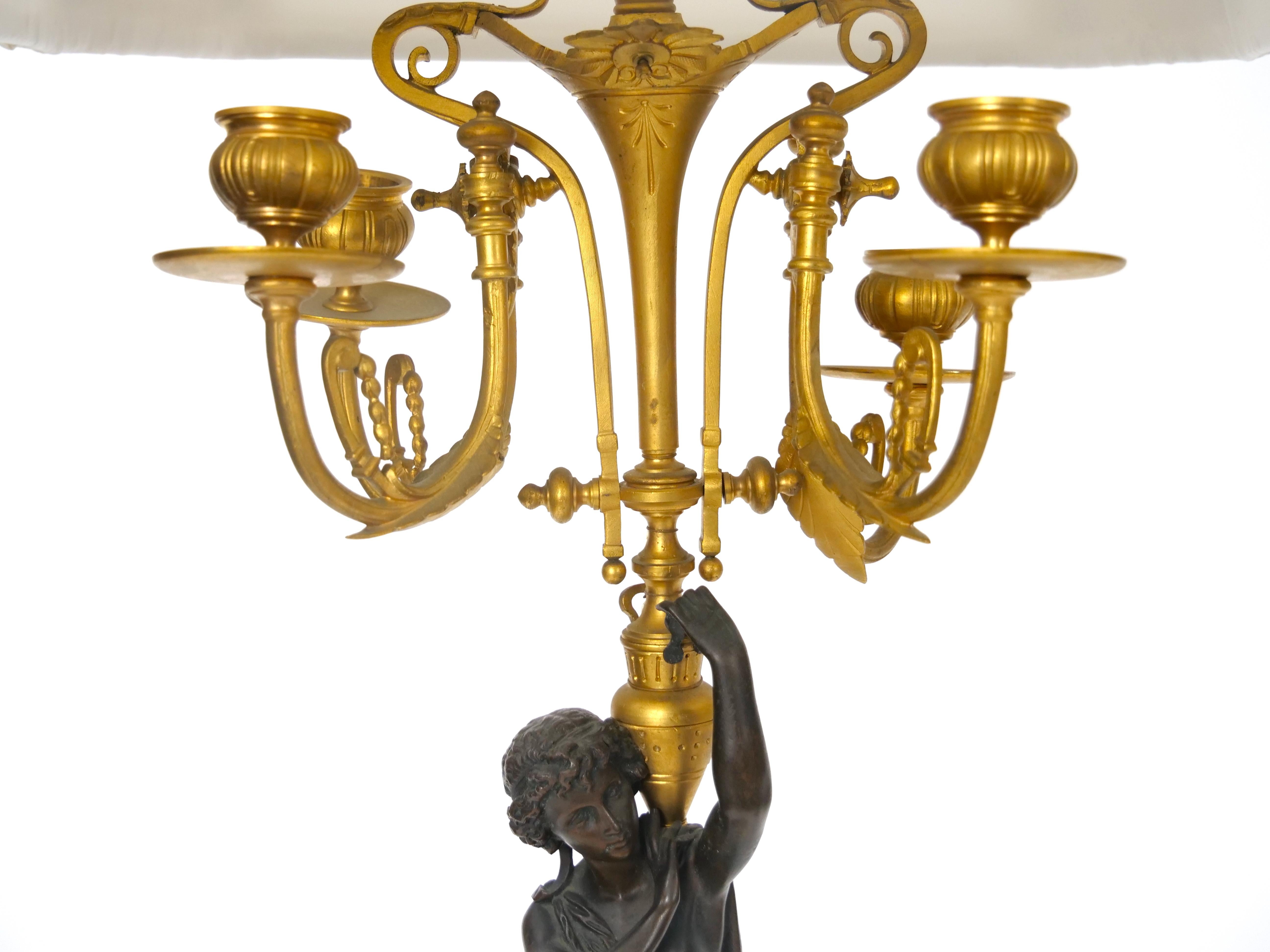 Antique French Napoleon III Gilt Bronze / Marble Candelabra Lamps For Sale 5