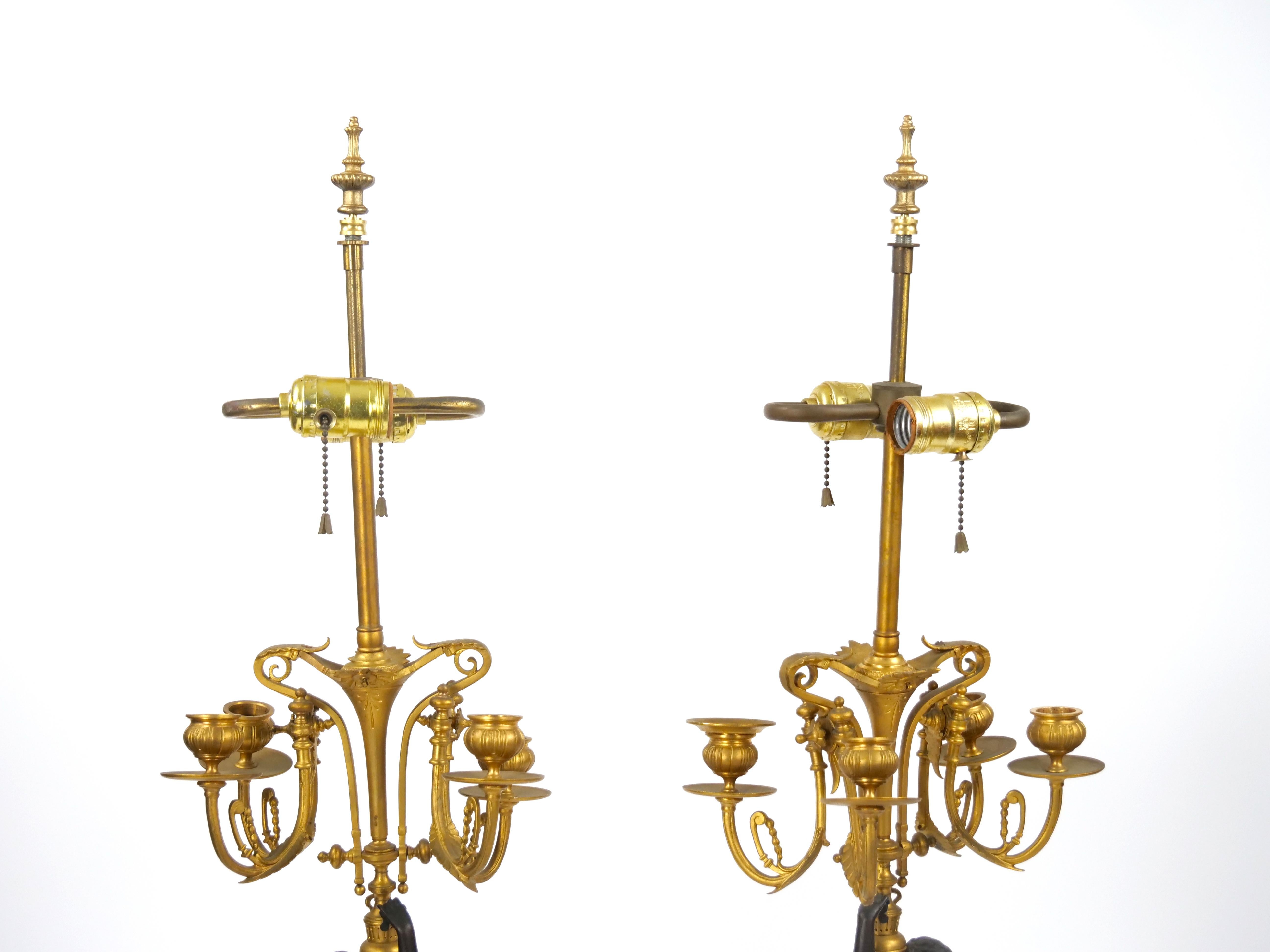 Antique French Napoleon III Gilt Bronze / Marble Candelabra Lamps For Sale 11