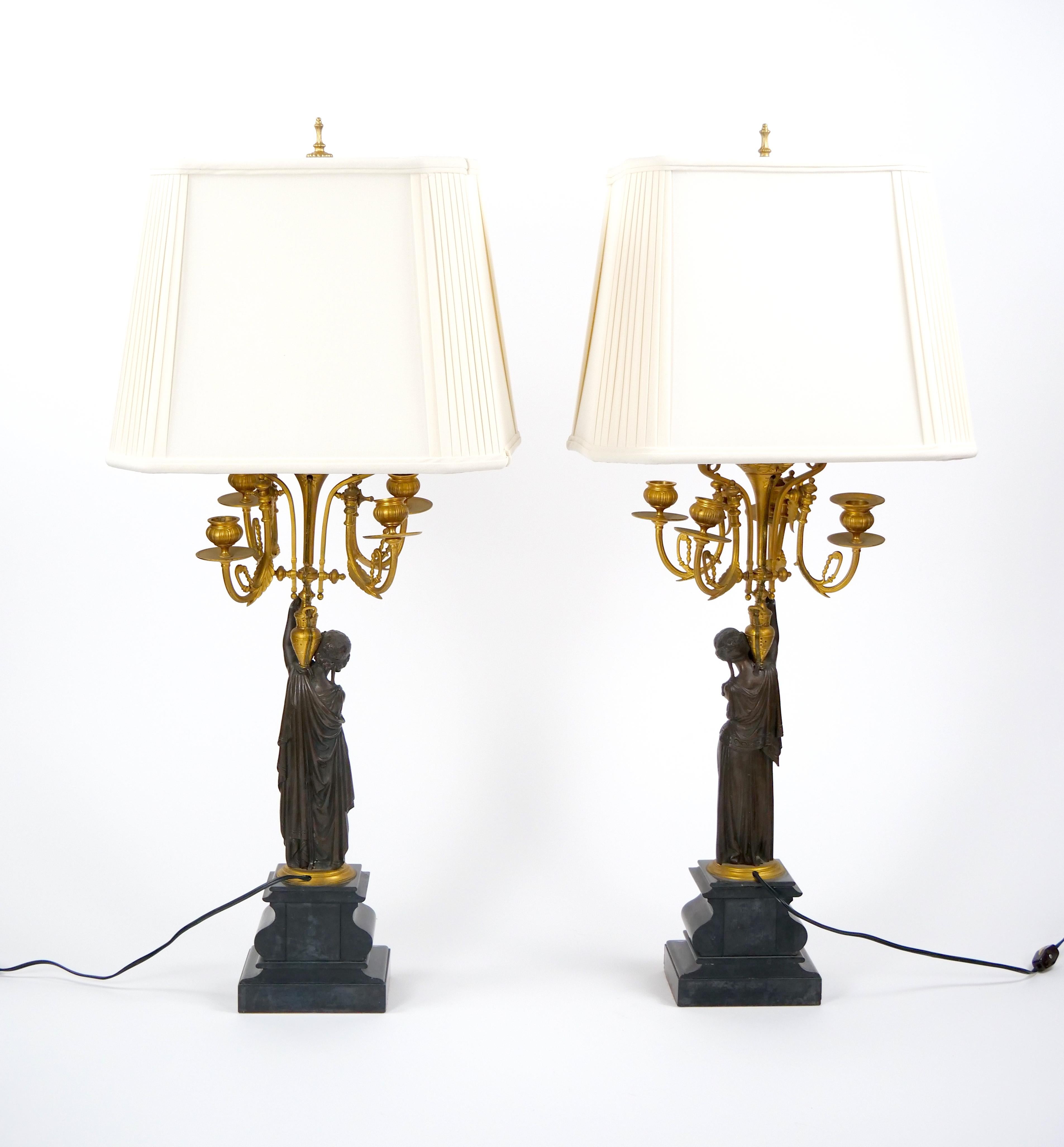 Antique French Napoleon III Gilt Bronze / Marble Candelabra Lamps For Sale 15