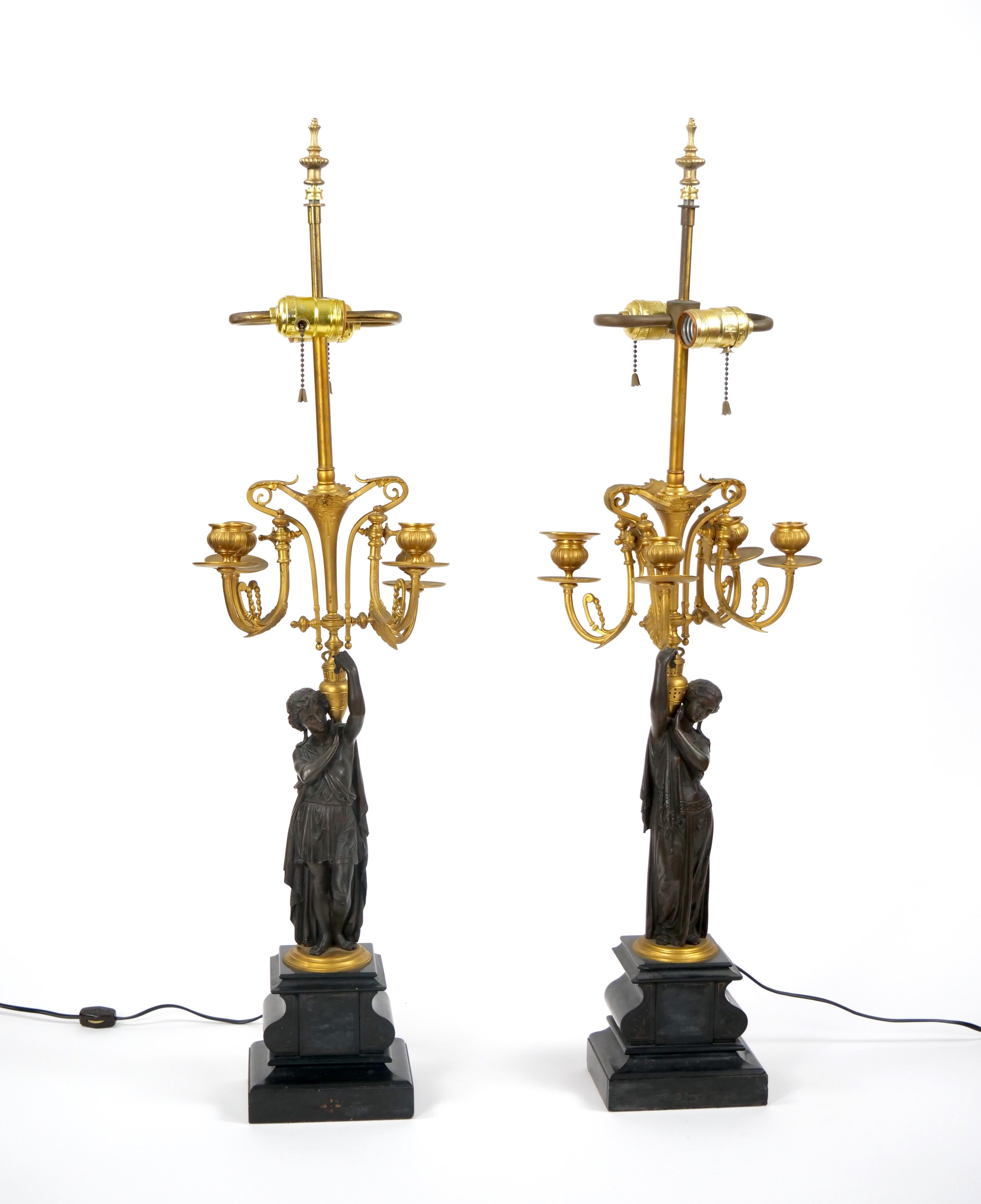 George III Antique French Napoleon III Gilt Bronze / Marble Candelabra Lamps For Sale