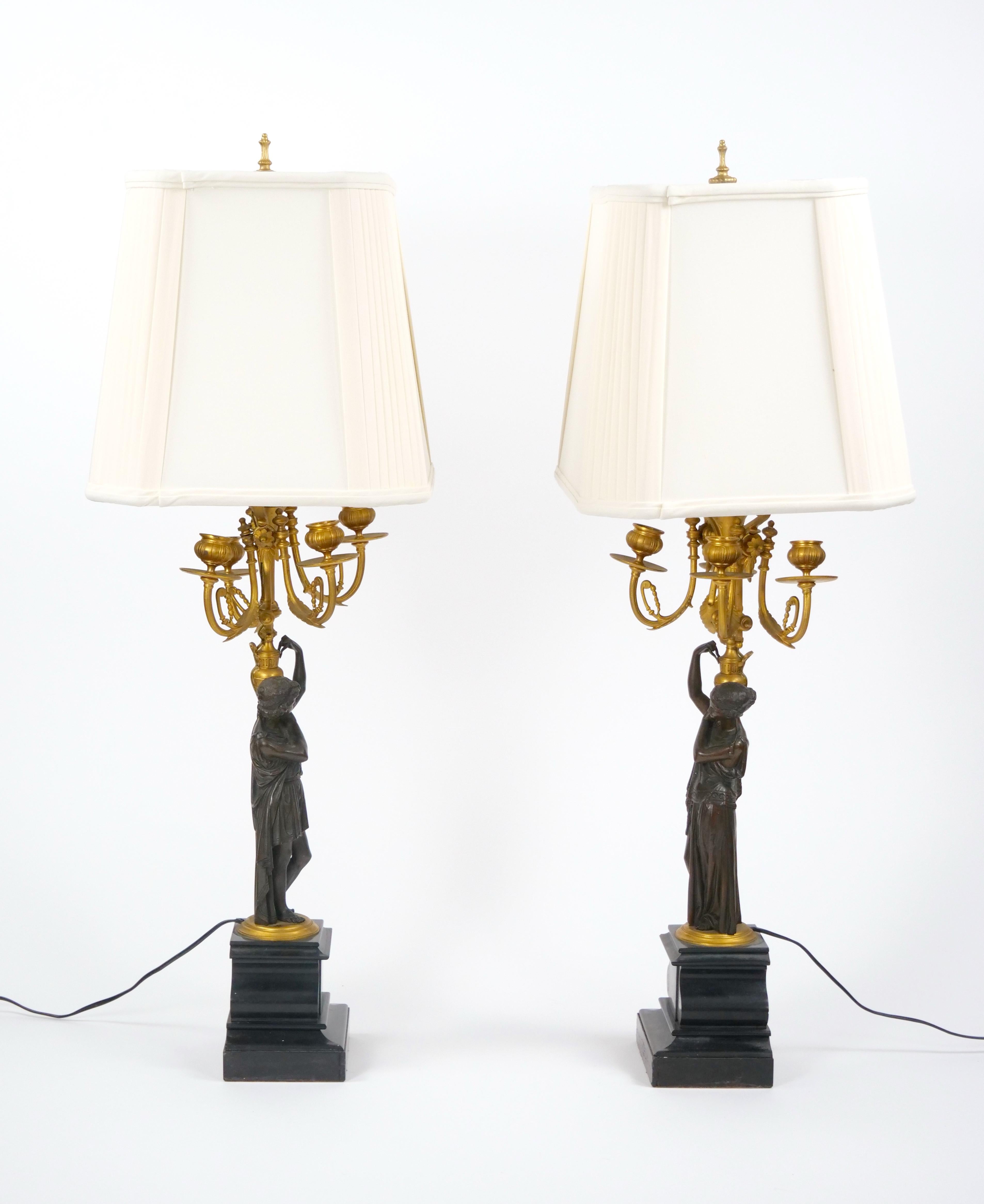 Antique French Napoleon III Gilt Bronze / Marble Candelabra Lamps In Good Condition For Sale In Tarry Town, NY