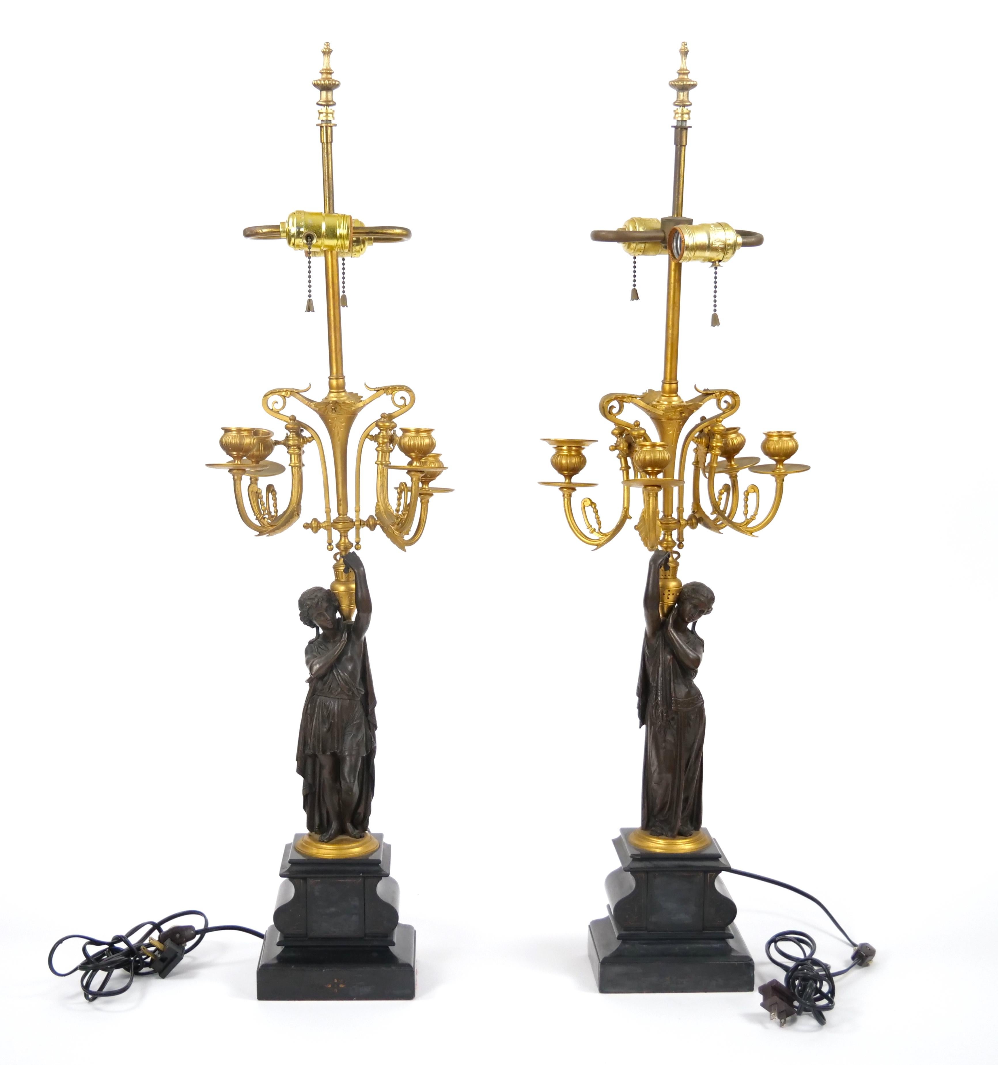 Mid-19th Century Antique French Napoleon III Gilt Bronze / Marble Candelabra Lamps For Sale