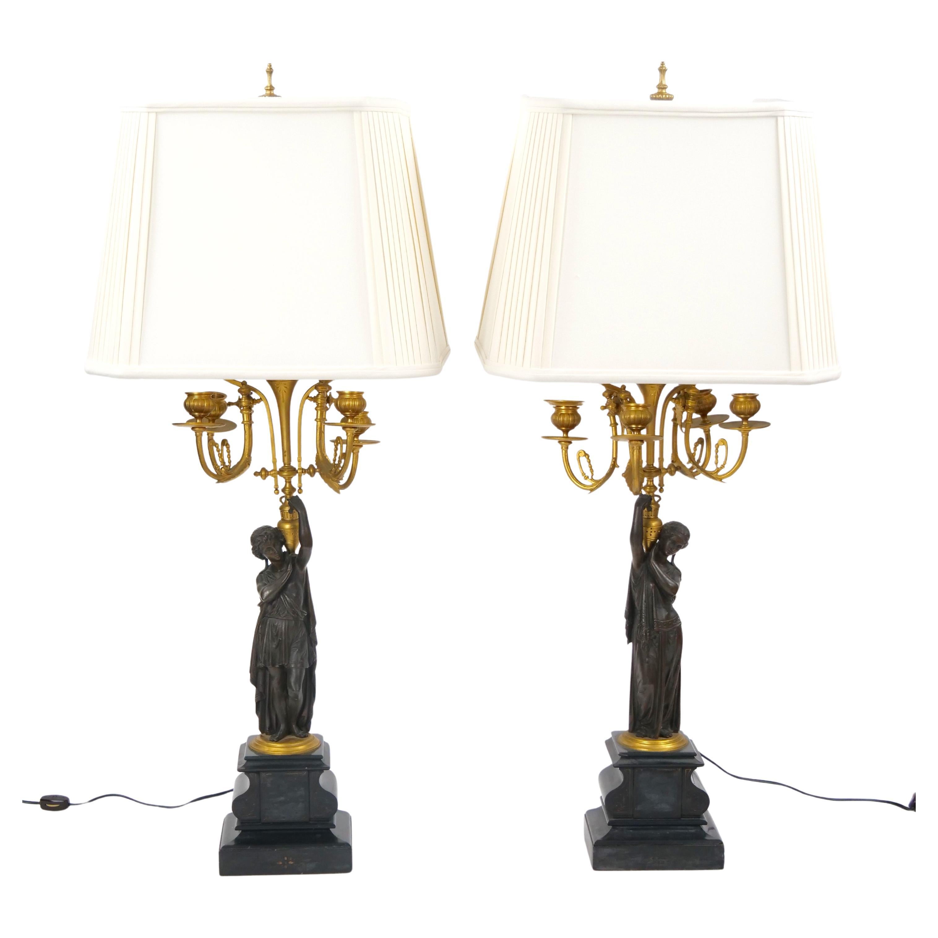 Antique French Napoleon III Gilt Bronze / Marble Candelabra Lamps For Sale