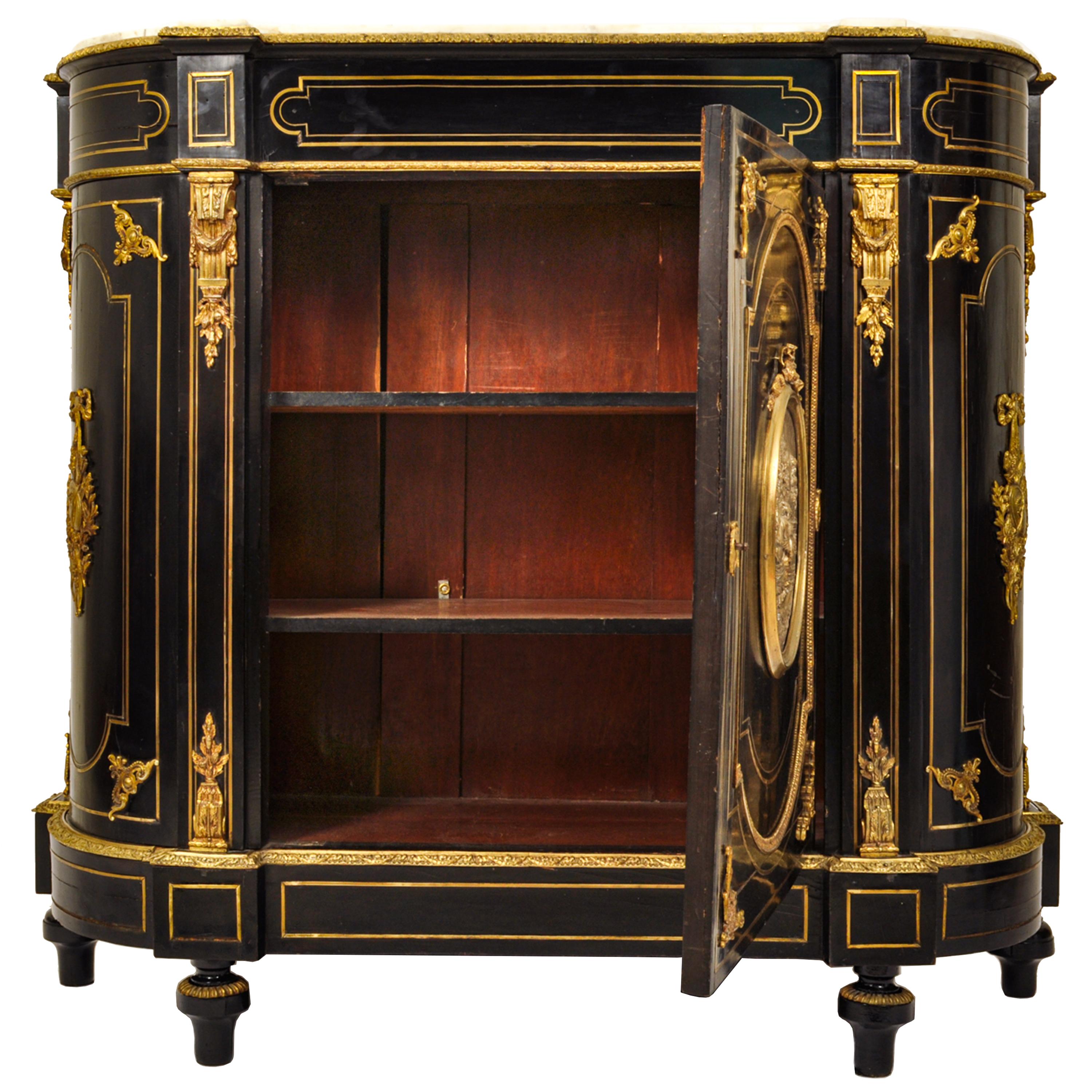 Antique French Napoleon III Gilt Bronze Medallion & Marble Ebonized Cabinet 1860 For Sale 7