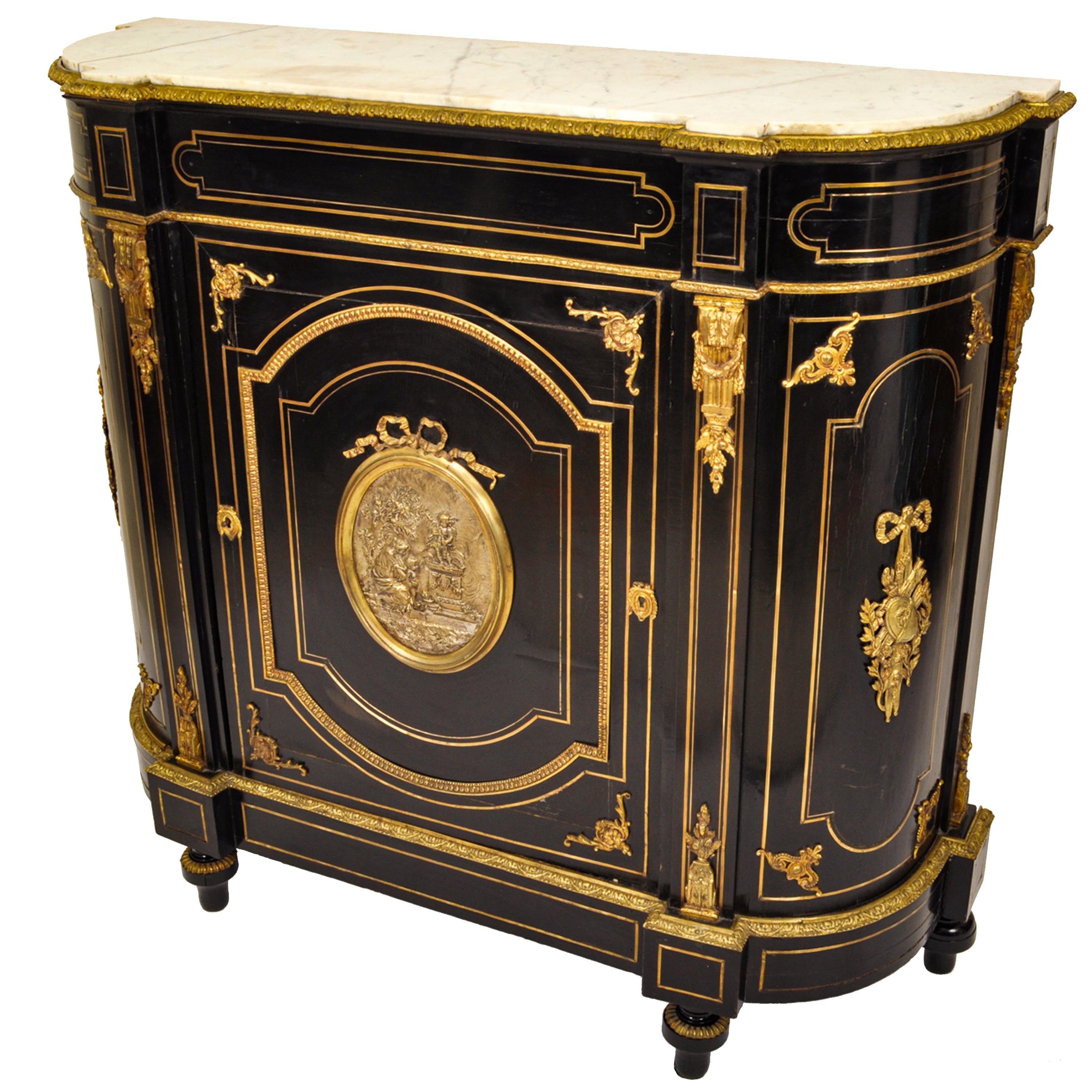 Antique French Napoleon III Gilt Bronze Medallion & Marble Ebonized Cabinet 1860 In Good Condition For Sale In Portland, OR