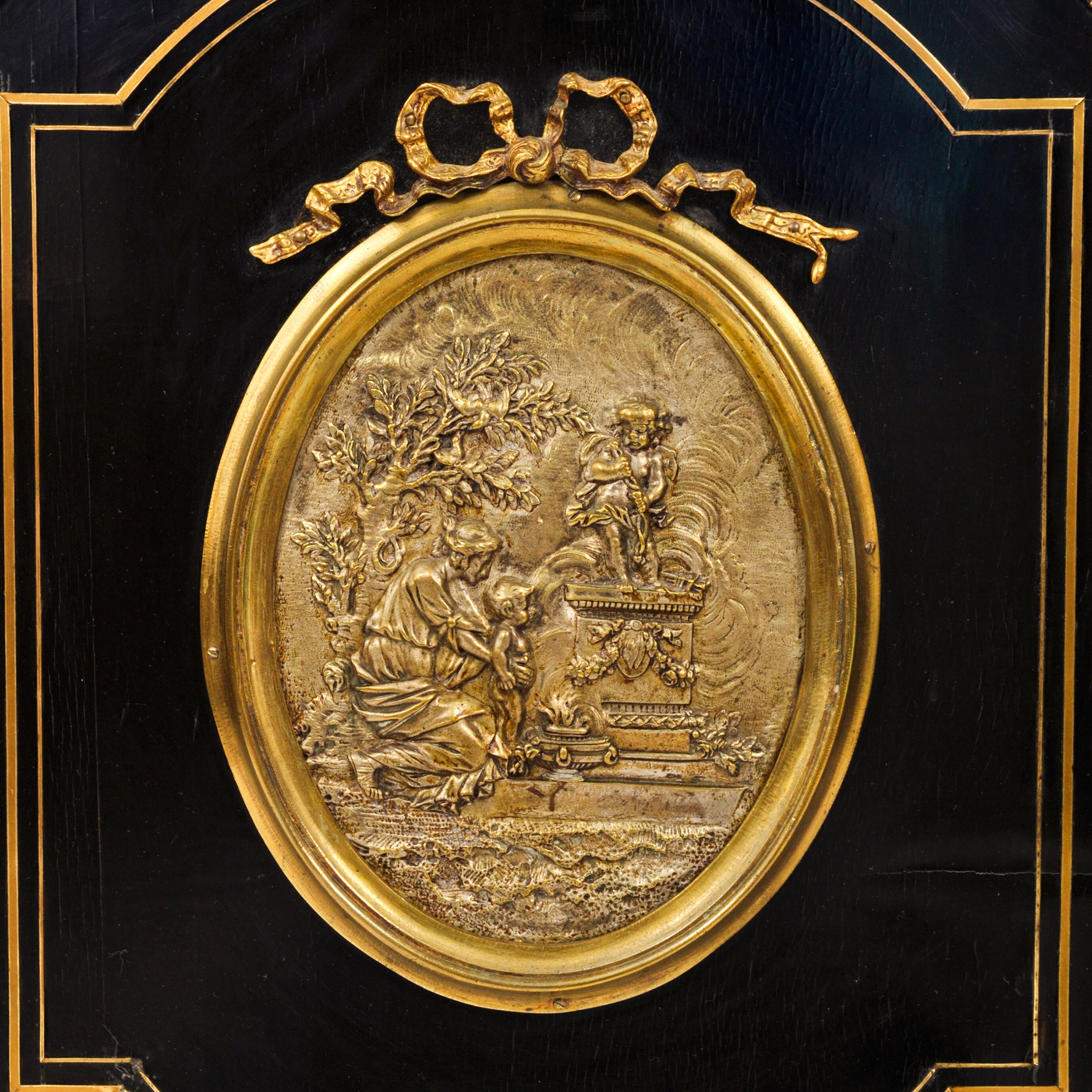Antique French Napoleon III Gilt Bronze Medallion & Marble Ebonized Cabinet 1860 For Sale 1