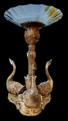 Antique French Napoleon III vergoldet Bronzer Schwan Tafelaufsatz plissiert Glas Plateau