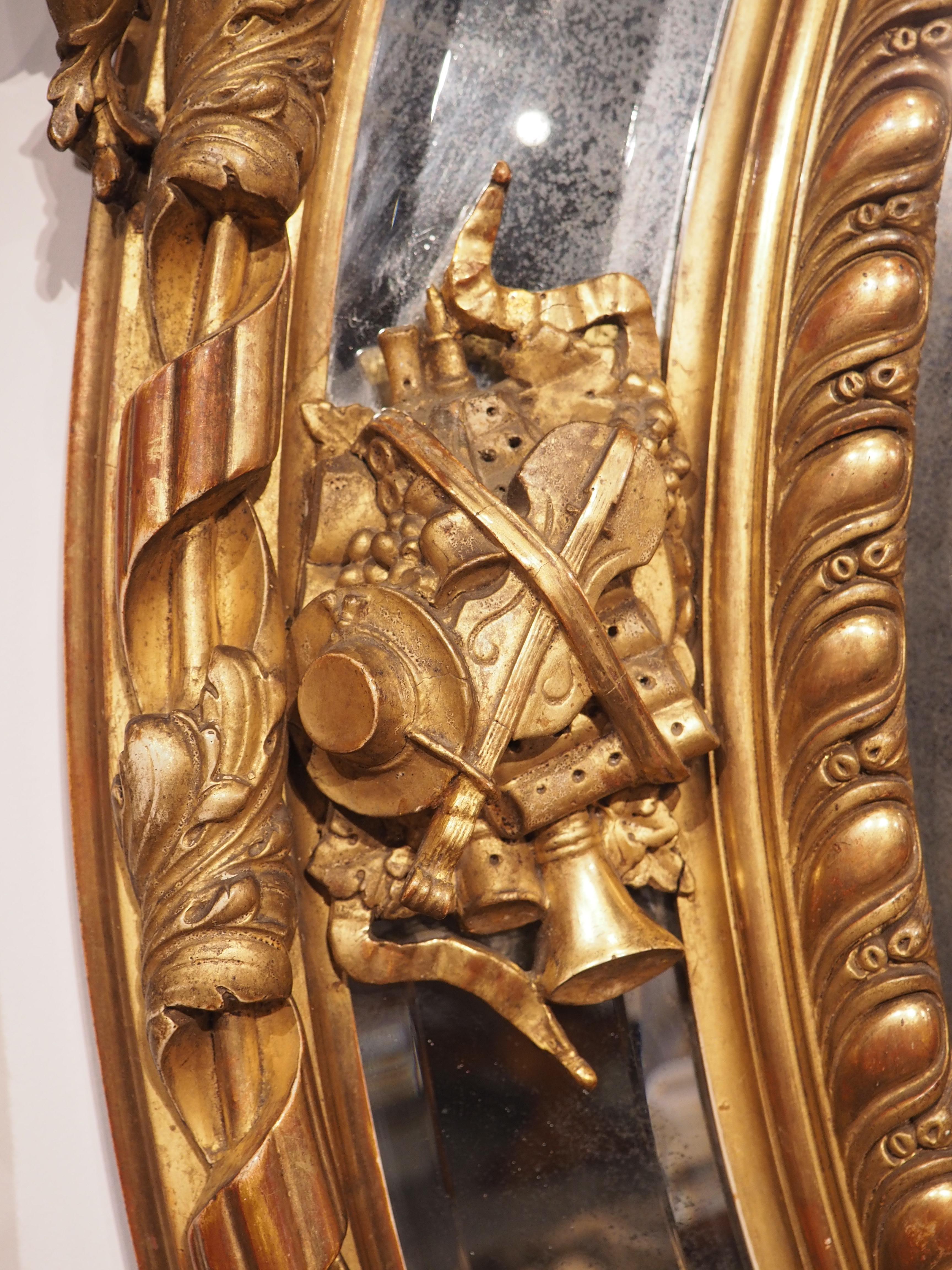 Antique French Napoleon III Giltwood Mirror with Musical Trophy Decor, C. 1860 2