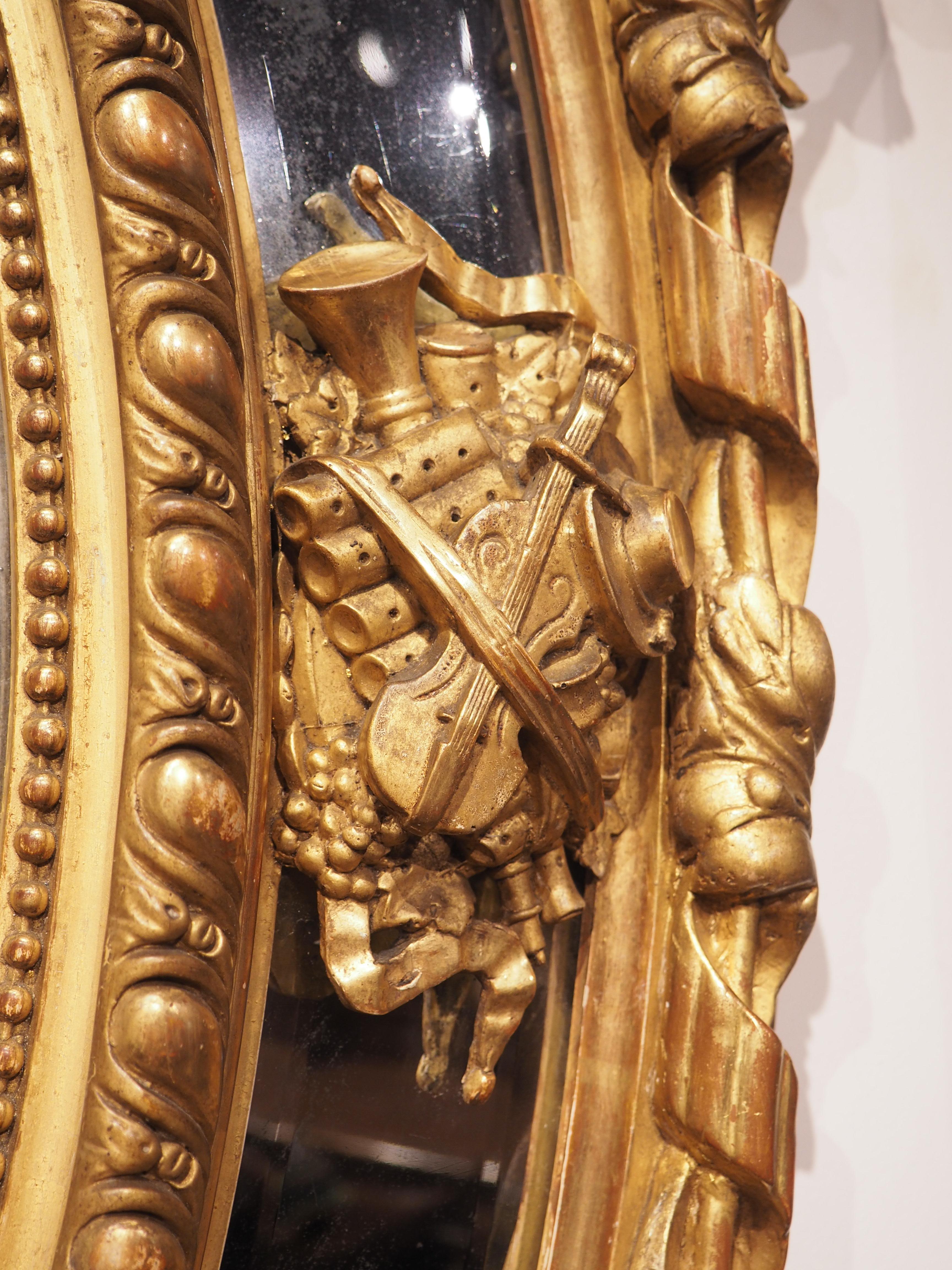 Antique French Napoleon III Giltwood Mirror with Musical Trophy Decor, C. 1860 3