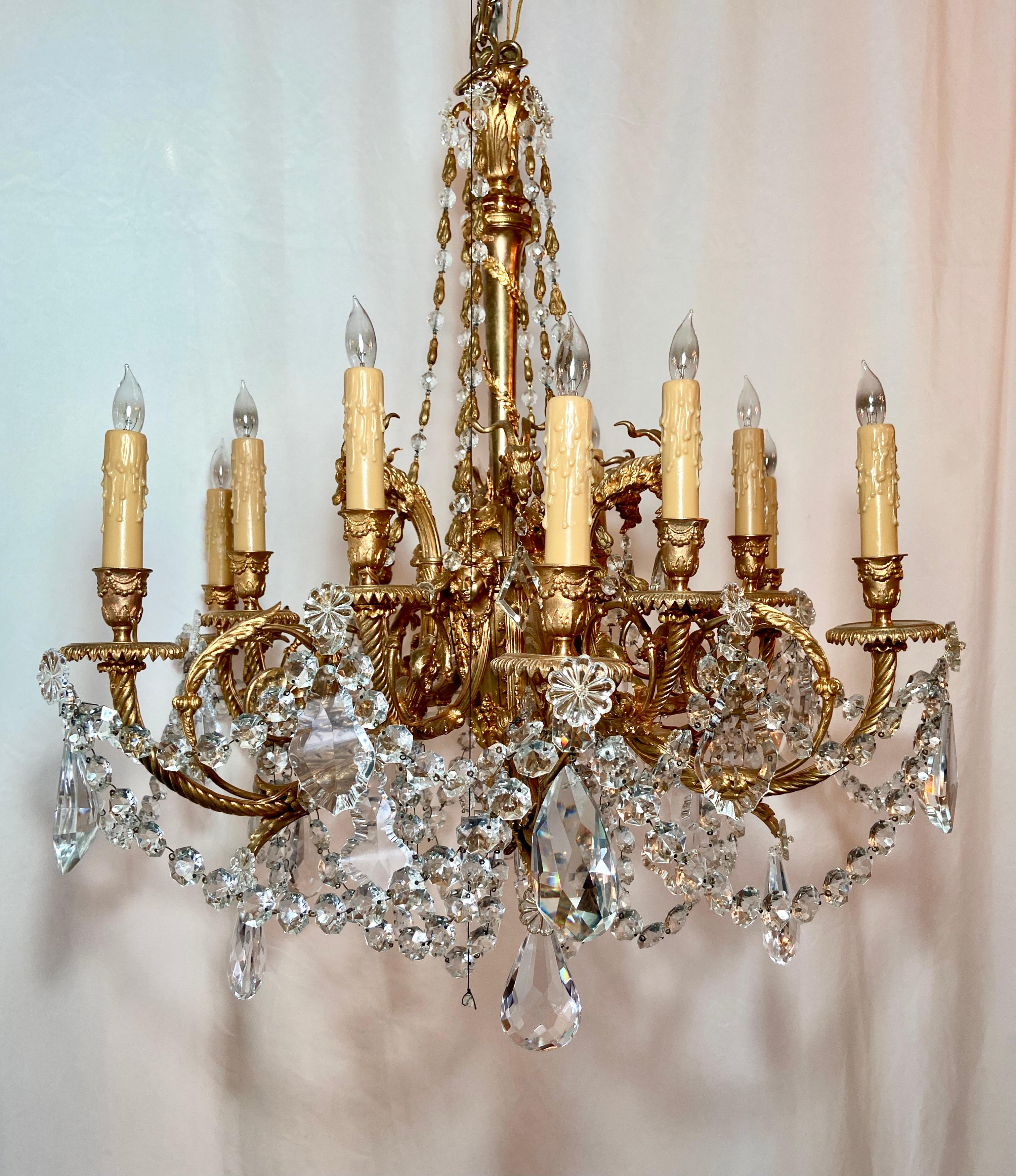 Antique French Napoleon III Gold Bronze and Baccarat Crystal Chandelier, Ca 1880 In Good Condition For Sale In New Orleans, LA