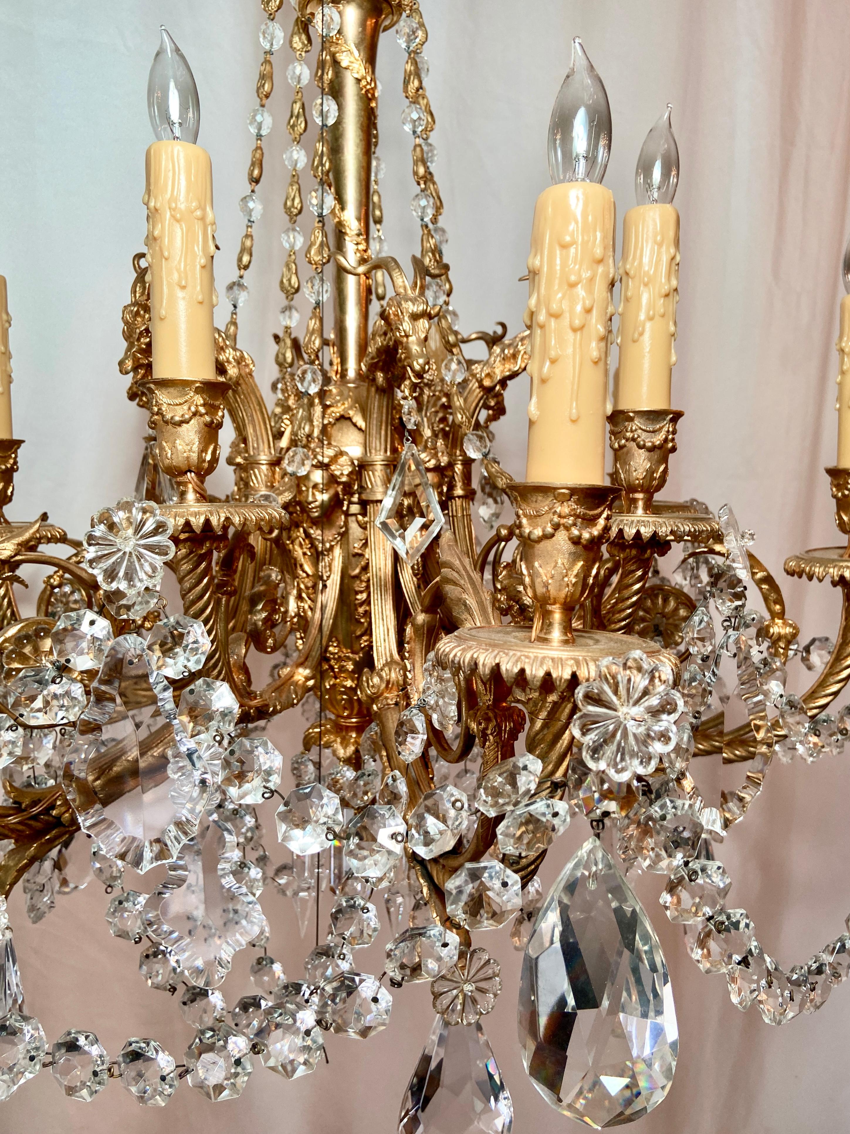 19th Century Antique French Napoleon III Gold Bronze and Baccarat Crystal Chandelier, Ca 1880 For Sale