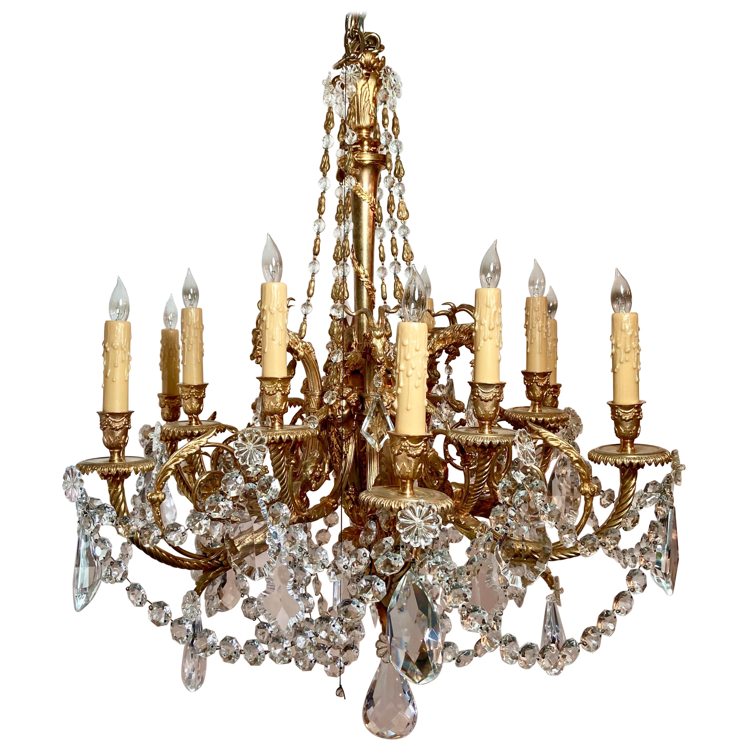 Antique French Napoleon III Gold Bronze and Baccarat Crystal Chandelier, Ca 1880 For Sale