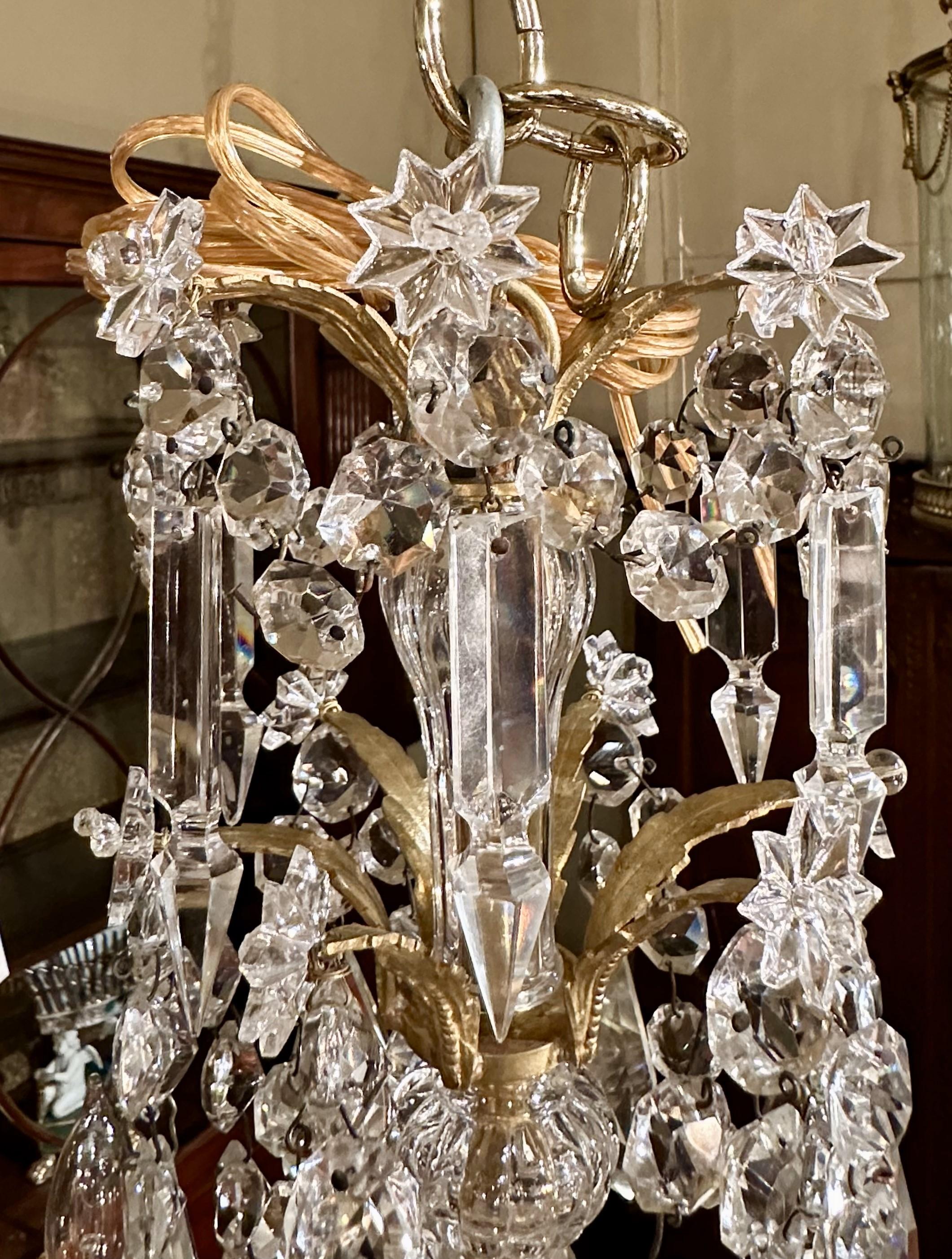 Rare Small Antique French Napoleon III Fine Gold Bronze and Cut Crystal Chandelier, Circa 1885.

