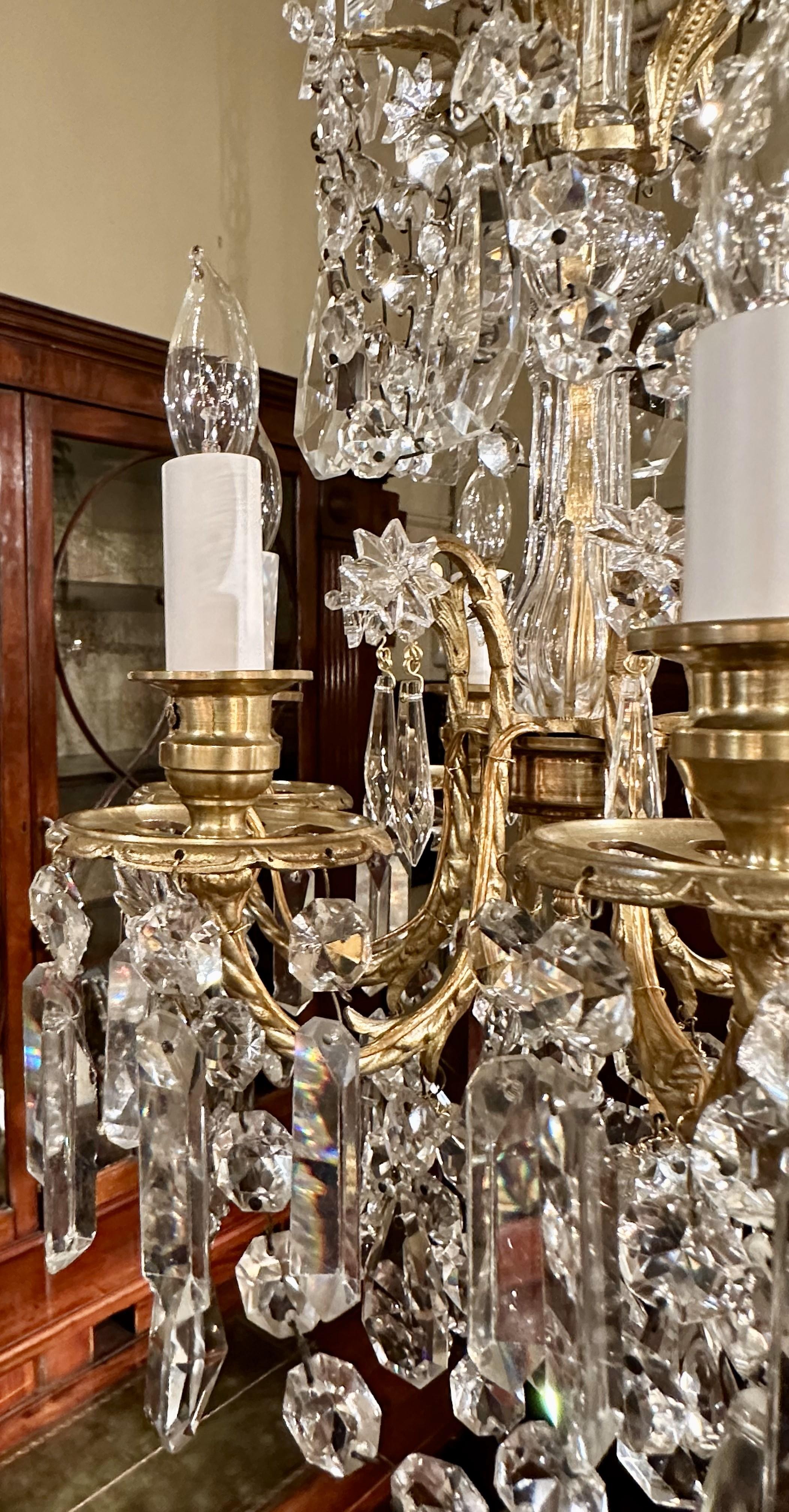 19th Century Antique French Napoleon III Gold Bronze & Cut Crystal Petite Chandelier Ca. 1885 For Sale