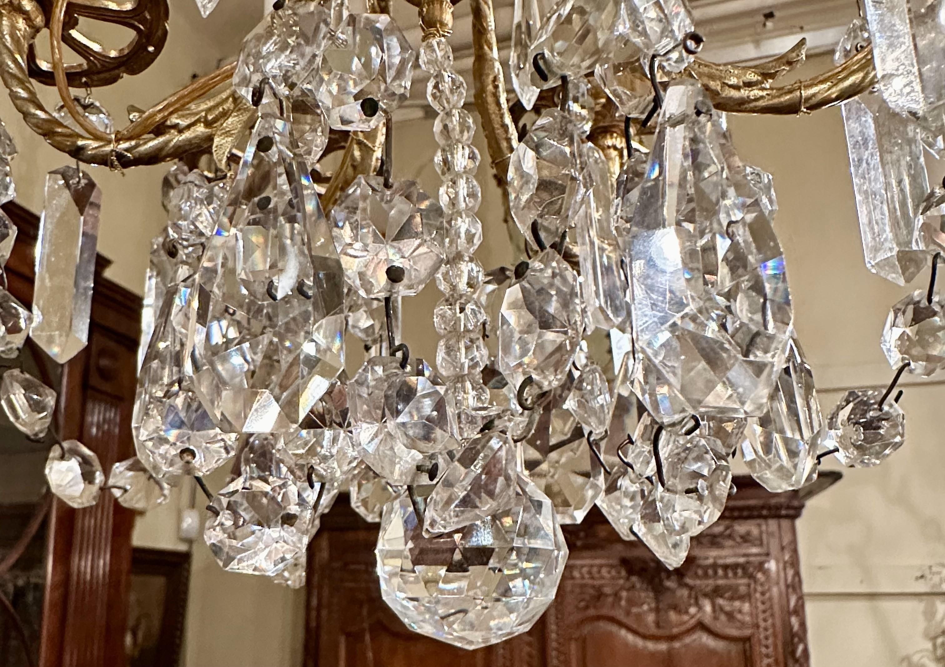 Antique French Napoleon III Gold Bronze & Cut Crystal Petite Chandelier Ca. 1885 For Sale 2