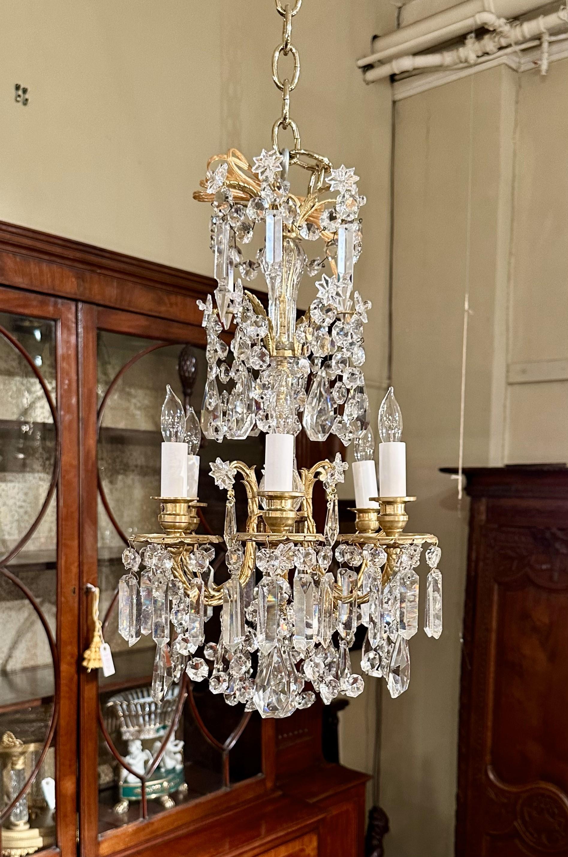 Antique French Napoleon III Gold Bronze & Cut Crystal Petite Chandelier Ca. 1885 For Sale 3