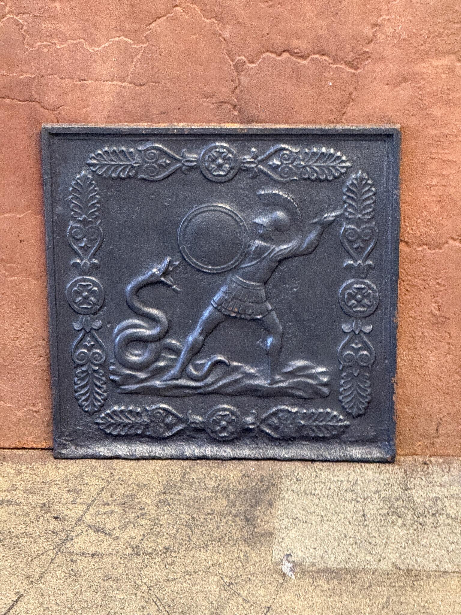 Iron Antique French Napoleon III 'Hercules and the Snake' Fireback / Backsplash For Sale