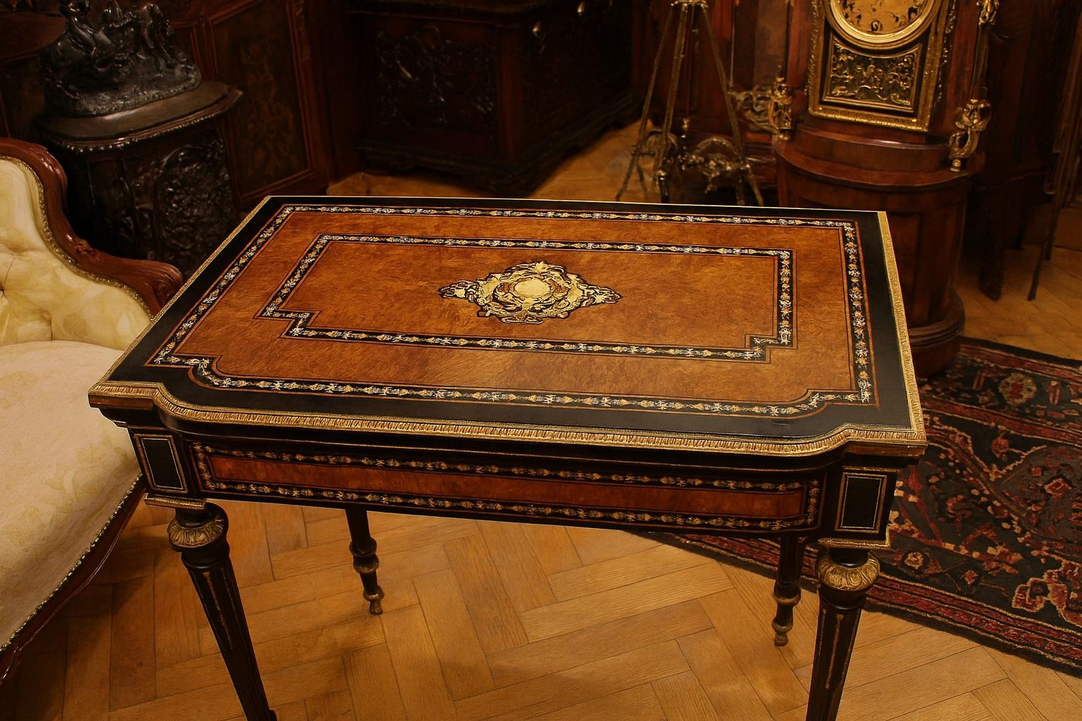 19th Century Antique French Napoleon III Inlaid Card Table For Sale