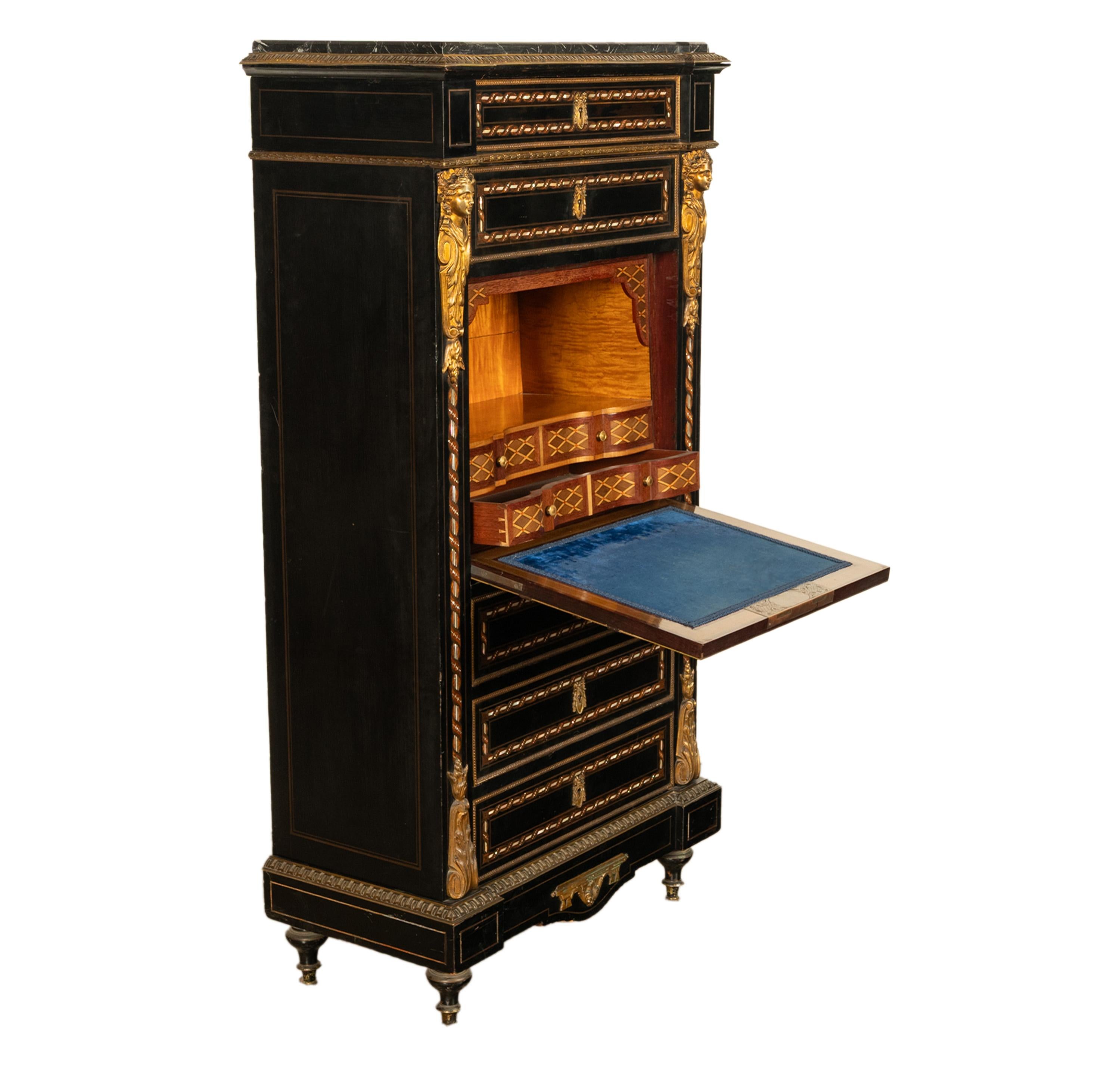 Antiquité française Napoléon III Marqueterie Orfèvrerie Bureau Secretaire Coffre 1860 en vente 3