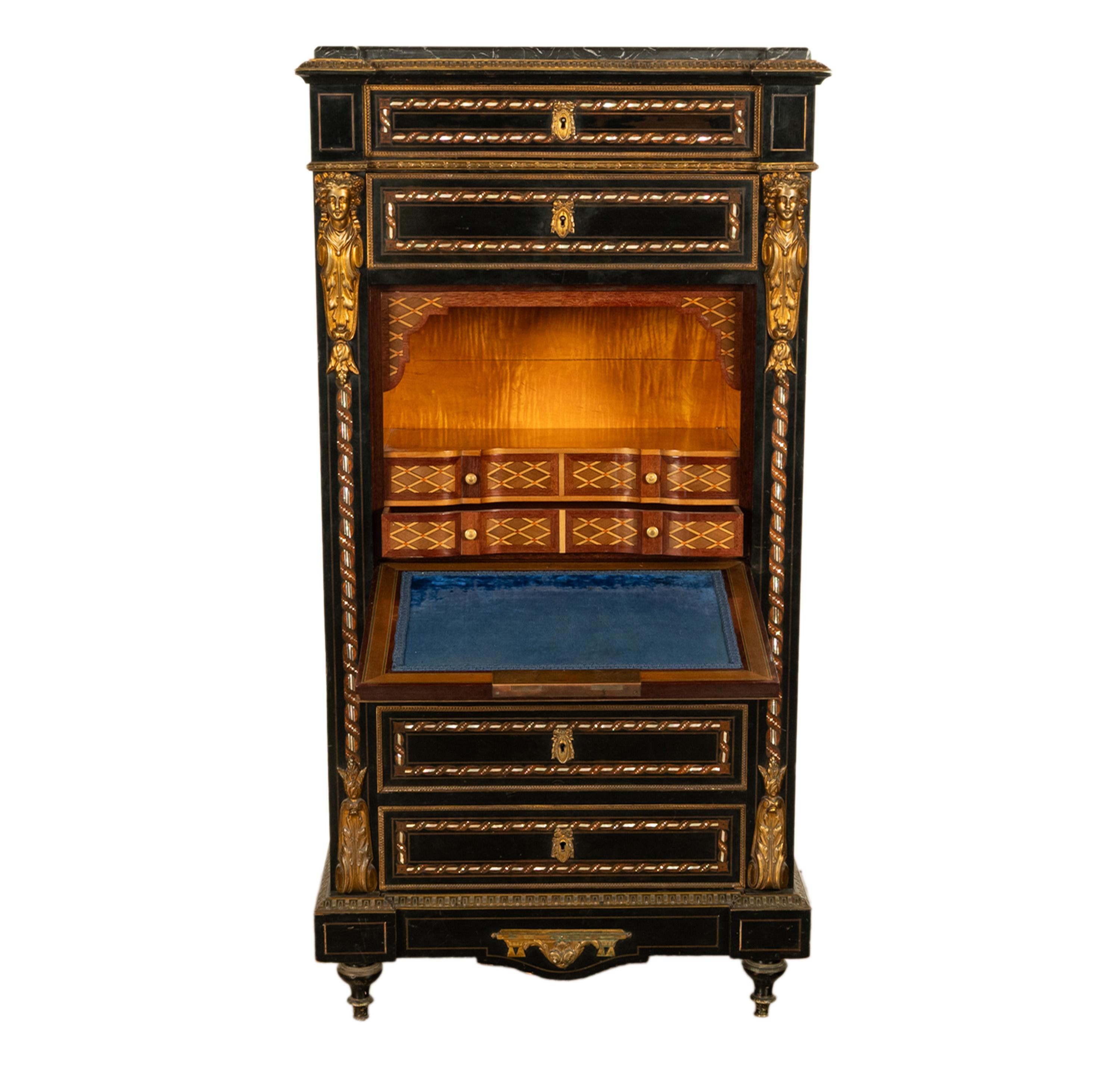 Antiquité française Napoléon III Marqueterie Orfèvrerie Bureau Secretaire Coffre 1860 en vente 4