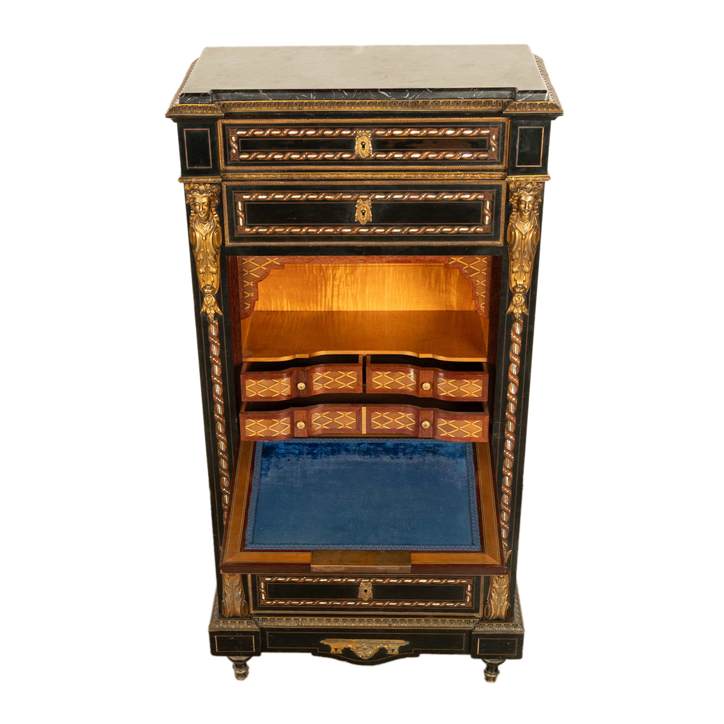 Antiquité française Napoléon III Marqueterie Orfèvrerie Bureau Secretaire Coffre 1860 en vente 5