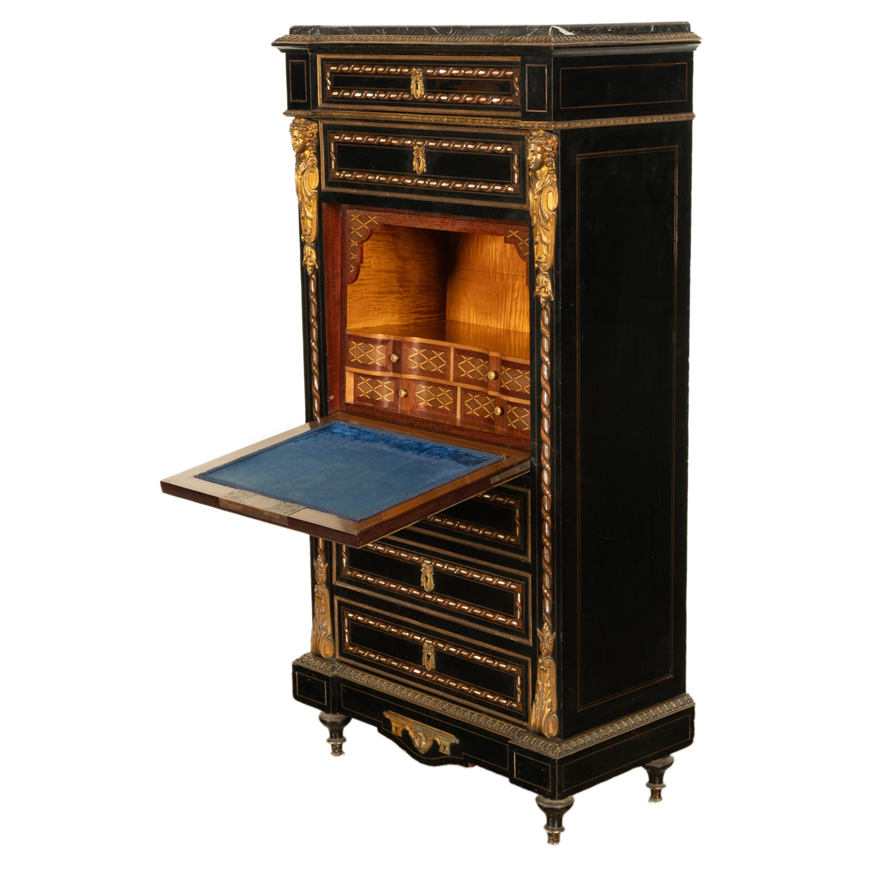 Antiquité française Napoléon III Marqueterie Orfèvrerie Bureau Secretaire Coffre 1860 en vente 6