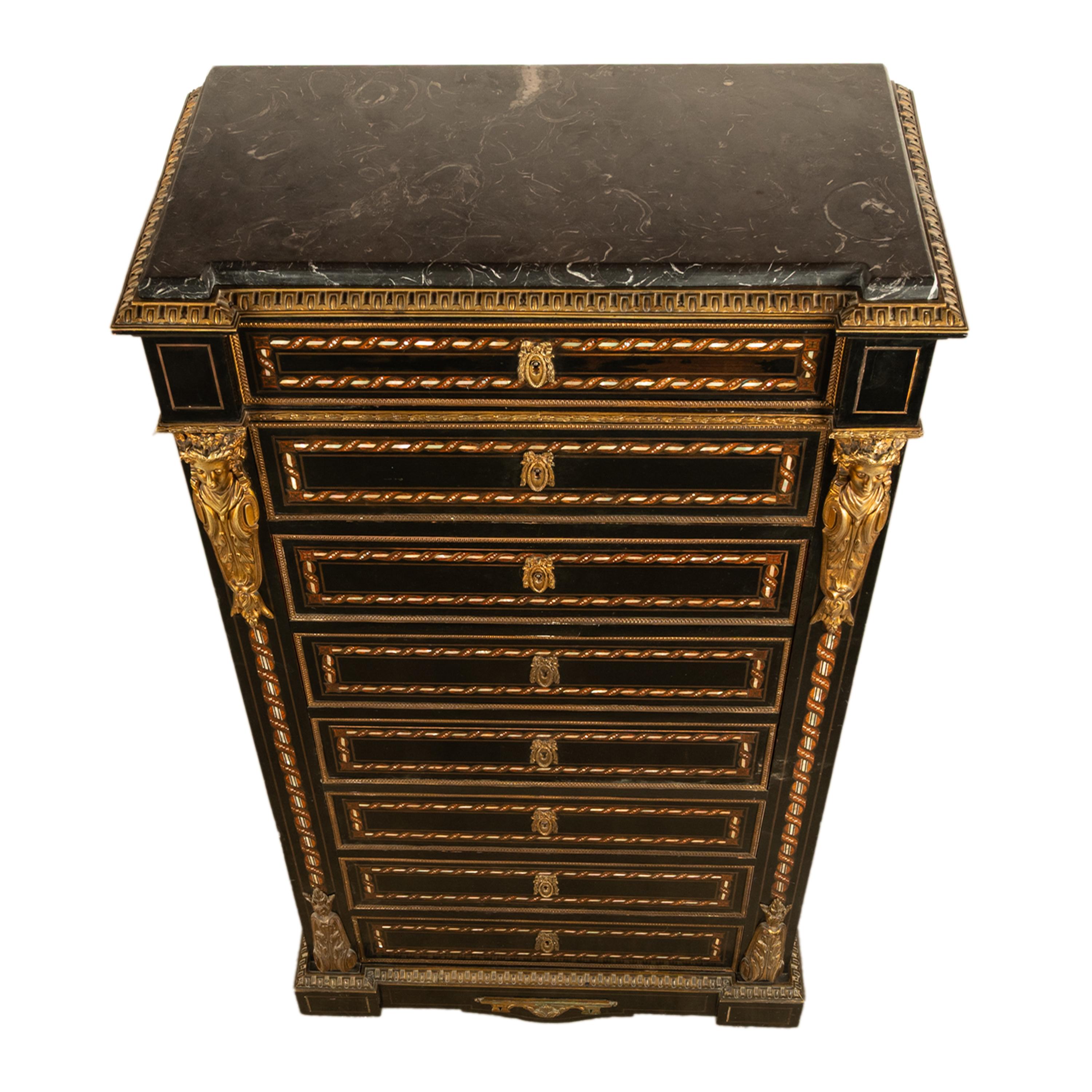 Antiquité française Napoléon III Marqueterie Orfèvrerie Bureau Secretaire Coffre 1860 en vente 7