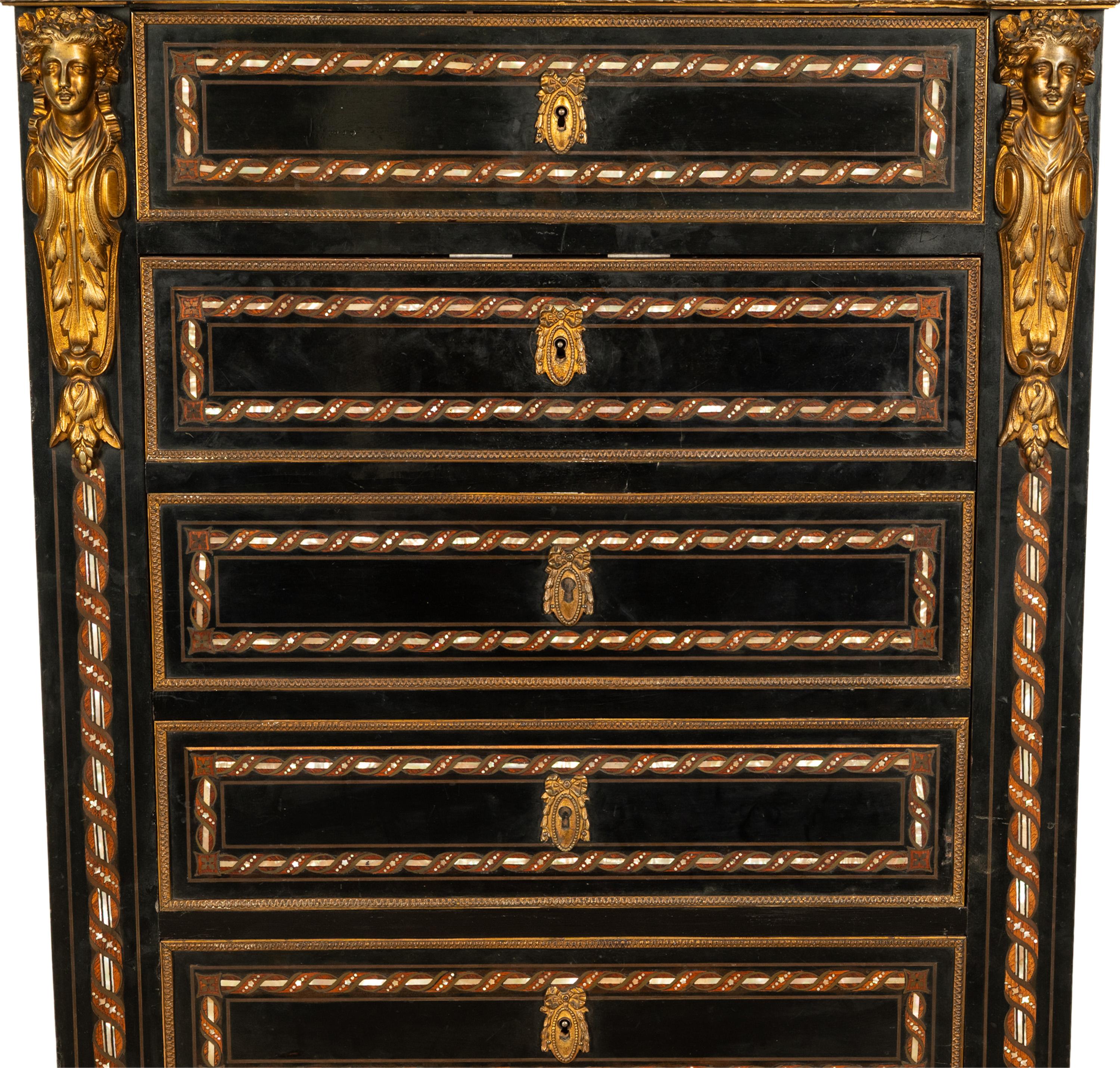 Antiquité française Napoléon III Marqueterie Orfèvrerie Bureau Secretaire Coffre 1860 en vente 10