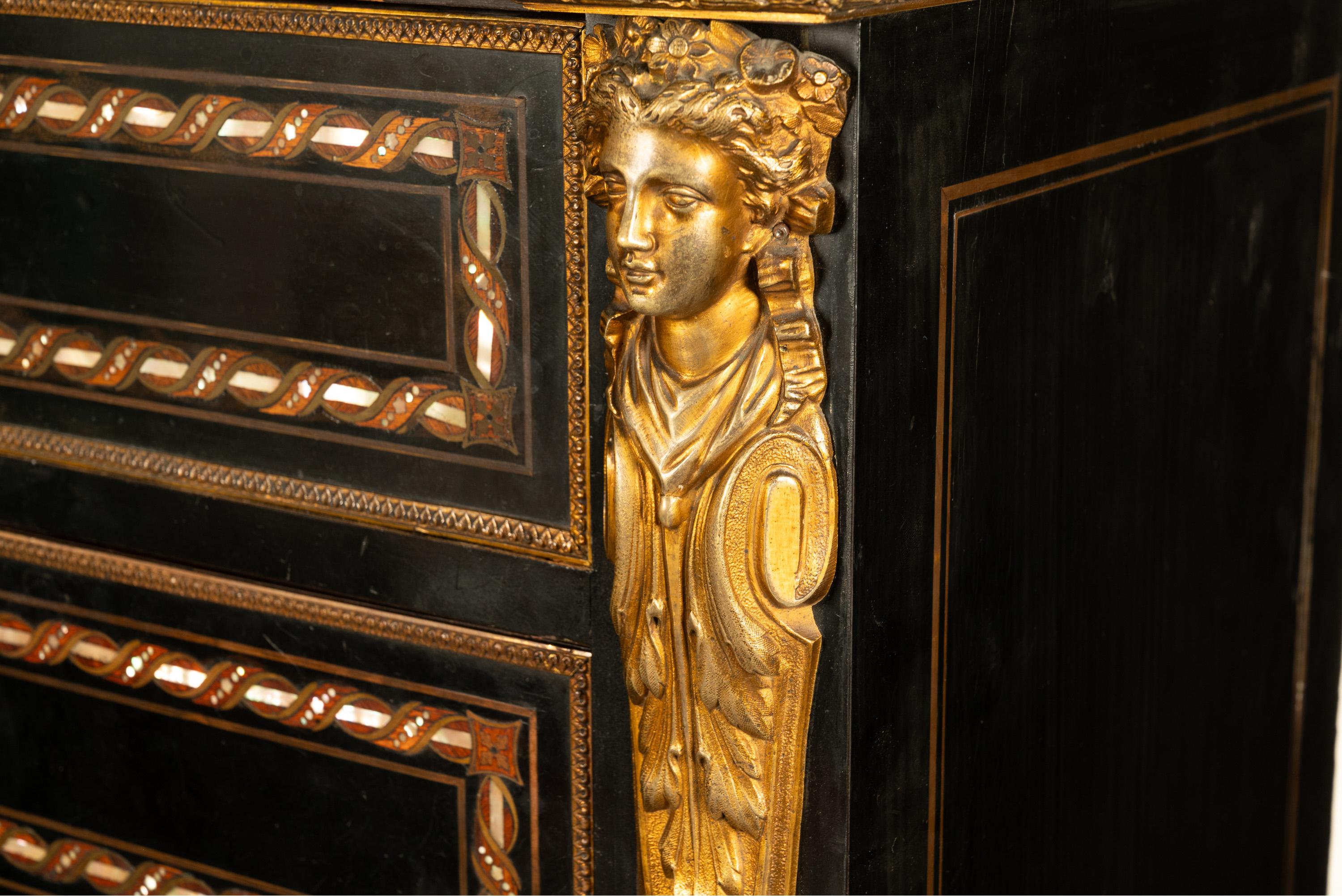 Antiquité française Napoléon III Marqueterie Orfèvrerie Bureau Secretaire Coffre 1860 en vente 11