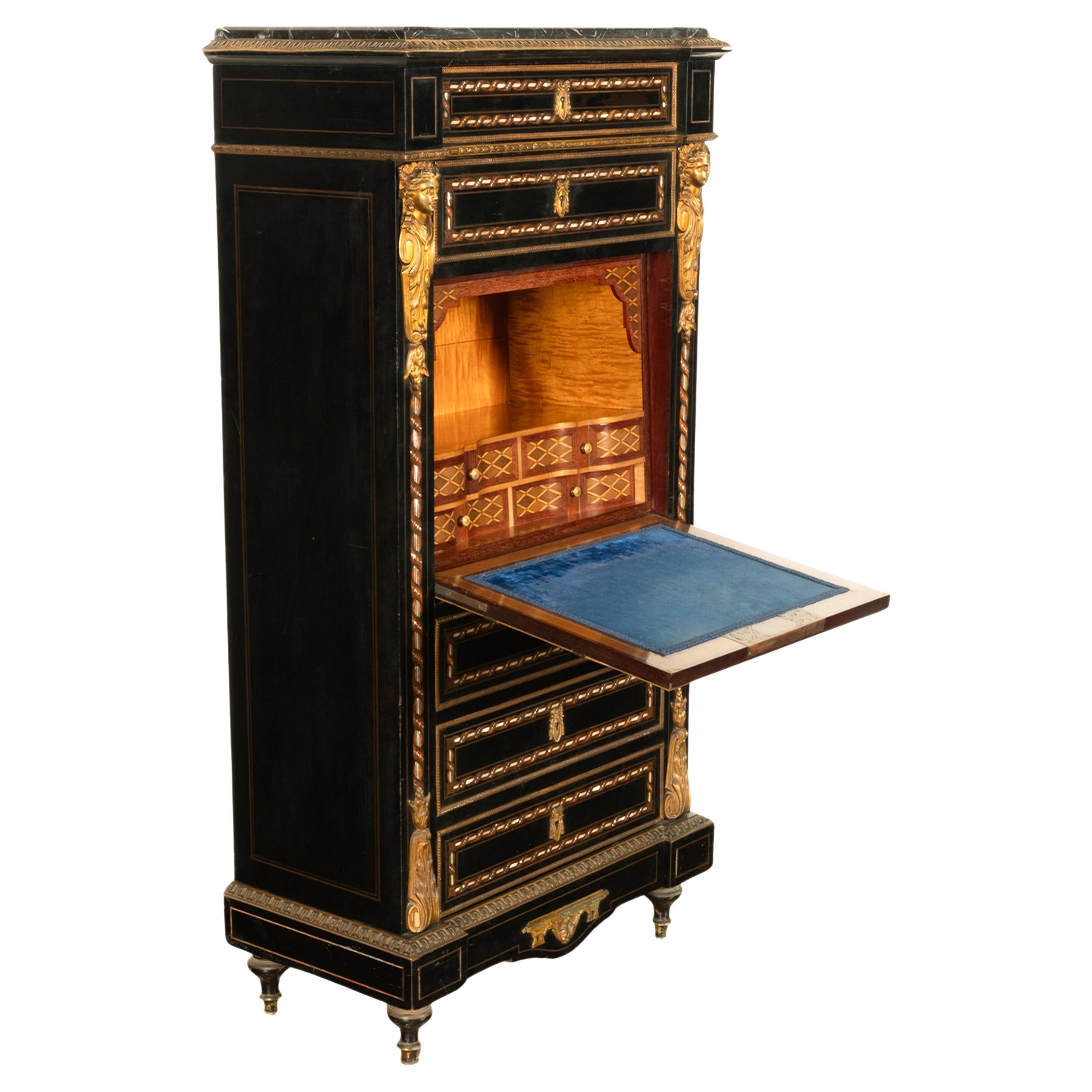 Antiquité française Napoléon III Marqueterie Orfèvrerie Bureau Secretaire Coffre 1860 Bon état - En vente à Portland, OR
