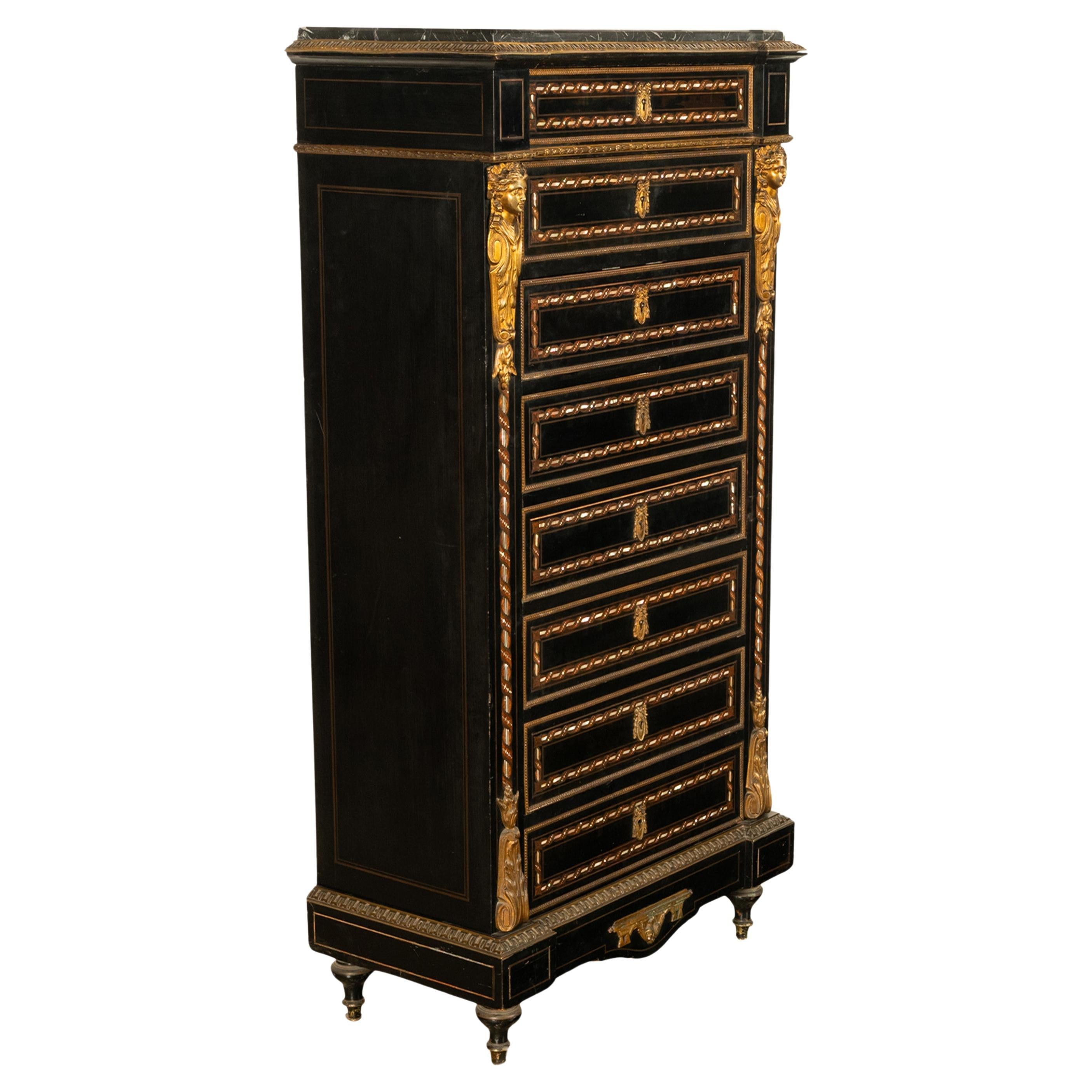 XIXe siècle Antiquité française Napoléon III Marqueterie Orfèvrerie Bureau Secretaire Coffre 1860 en vente