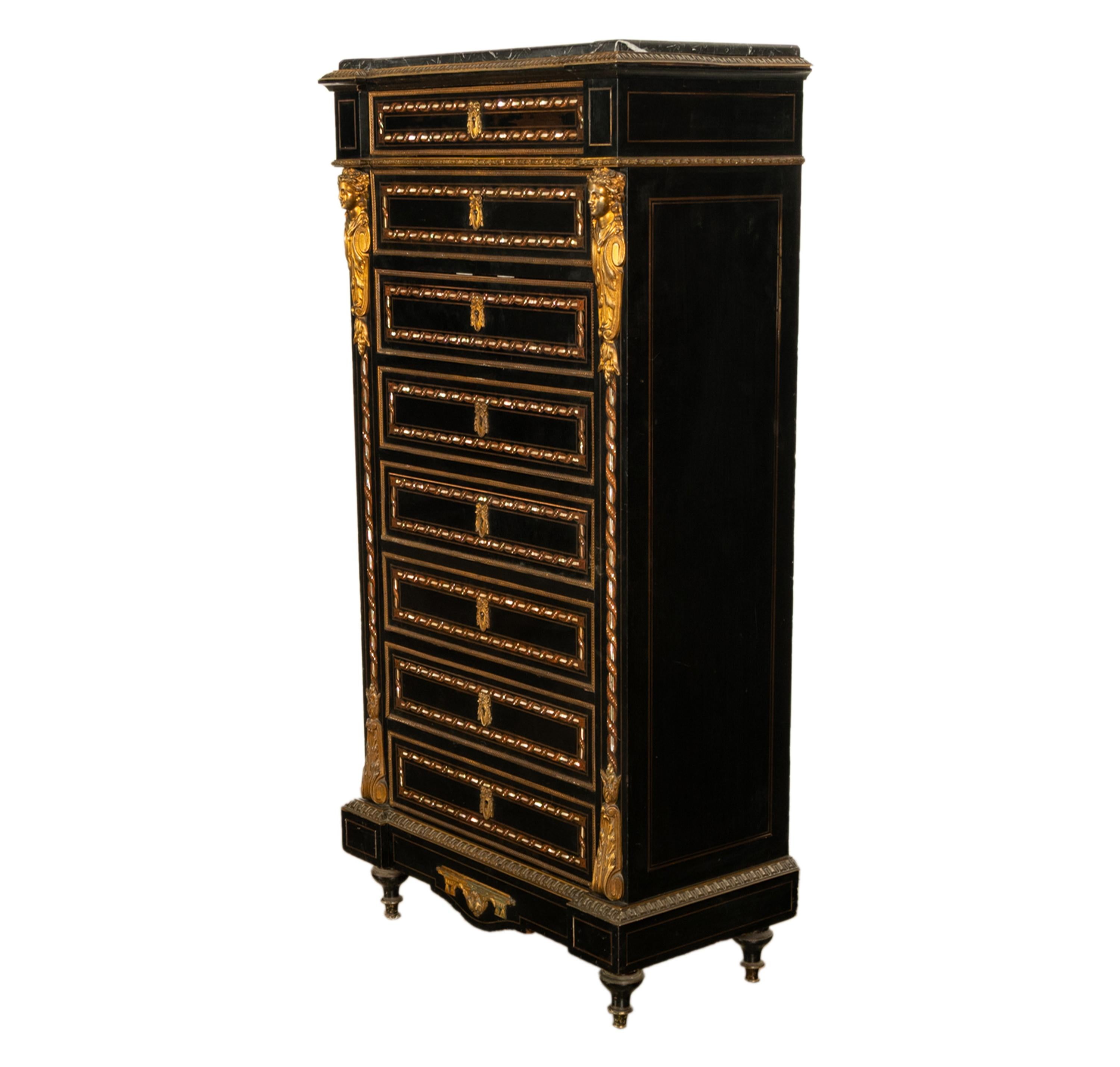 Bronze Antiquité française Napoléon III Marqueterie Orfèvrerie Bureau Secretaire Coffre 1860 en vente