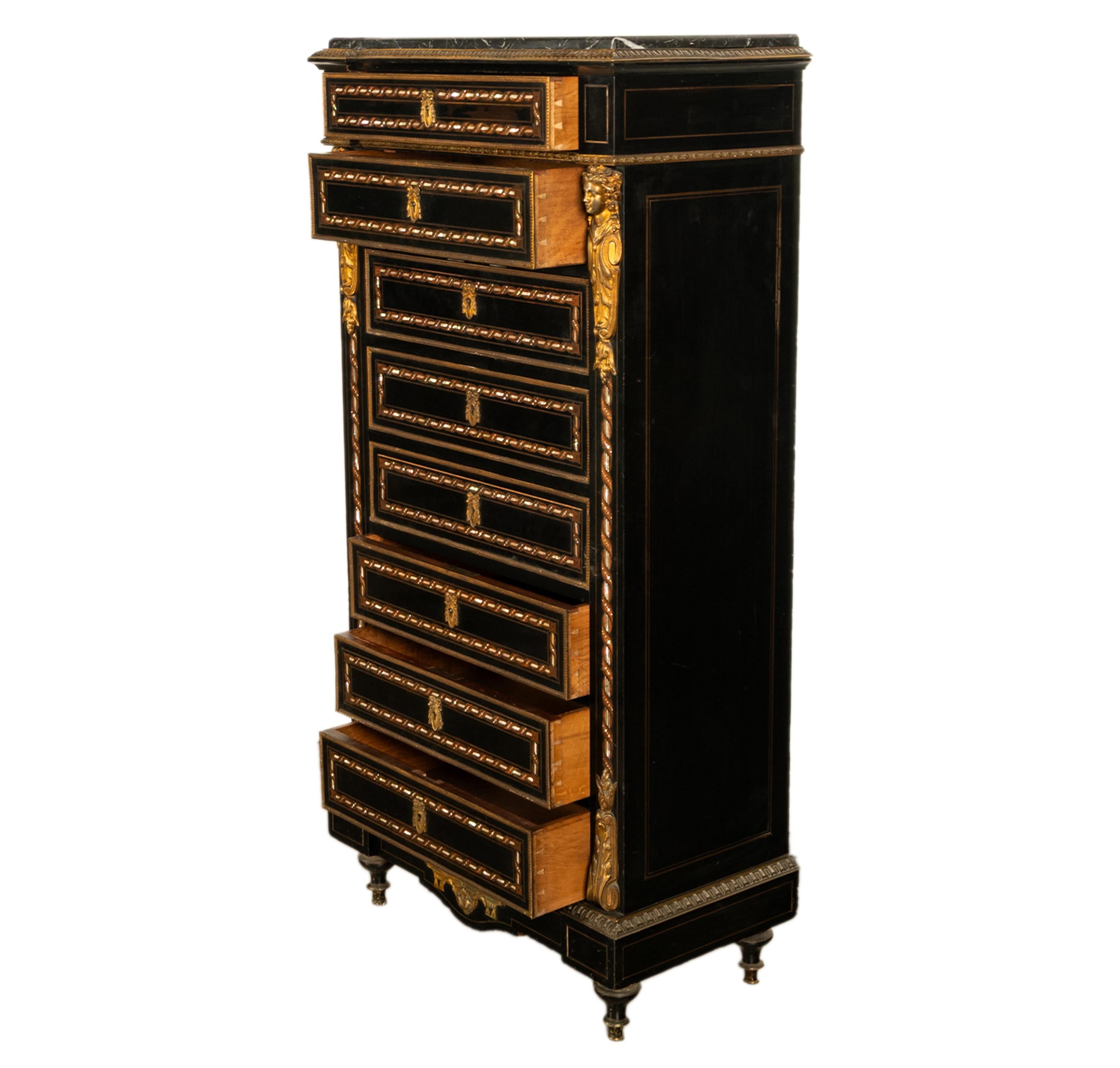 Antiquité française Napoléon III Marqueterie Orfèvrerie Bureau Secretaire Coffre 1860 en vente 1