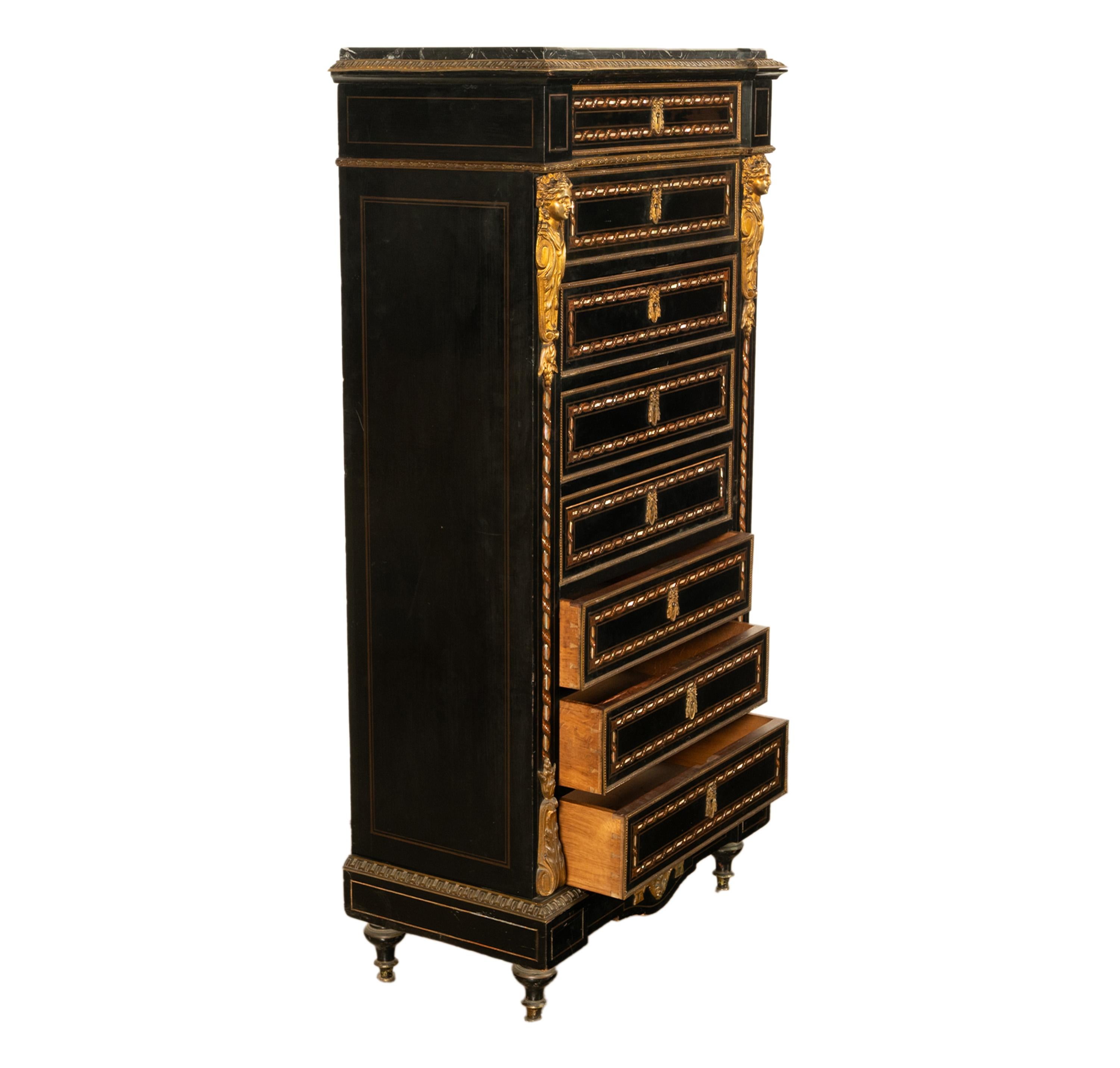 Antiquité française Napoléon III Marqueterie Orfèvrerie Bureau Secretaire Coffre 1860 en vente 2