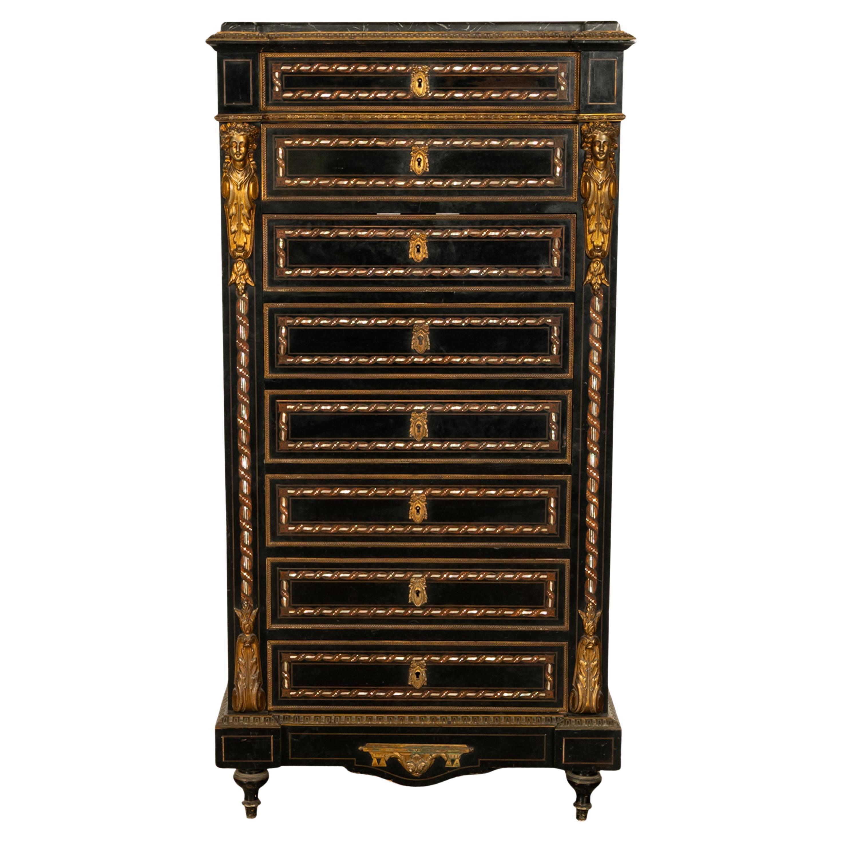 Antique French Napoleon III Inlaid Ormolu Marble Top Secretaire Desk Chest 1860