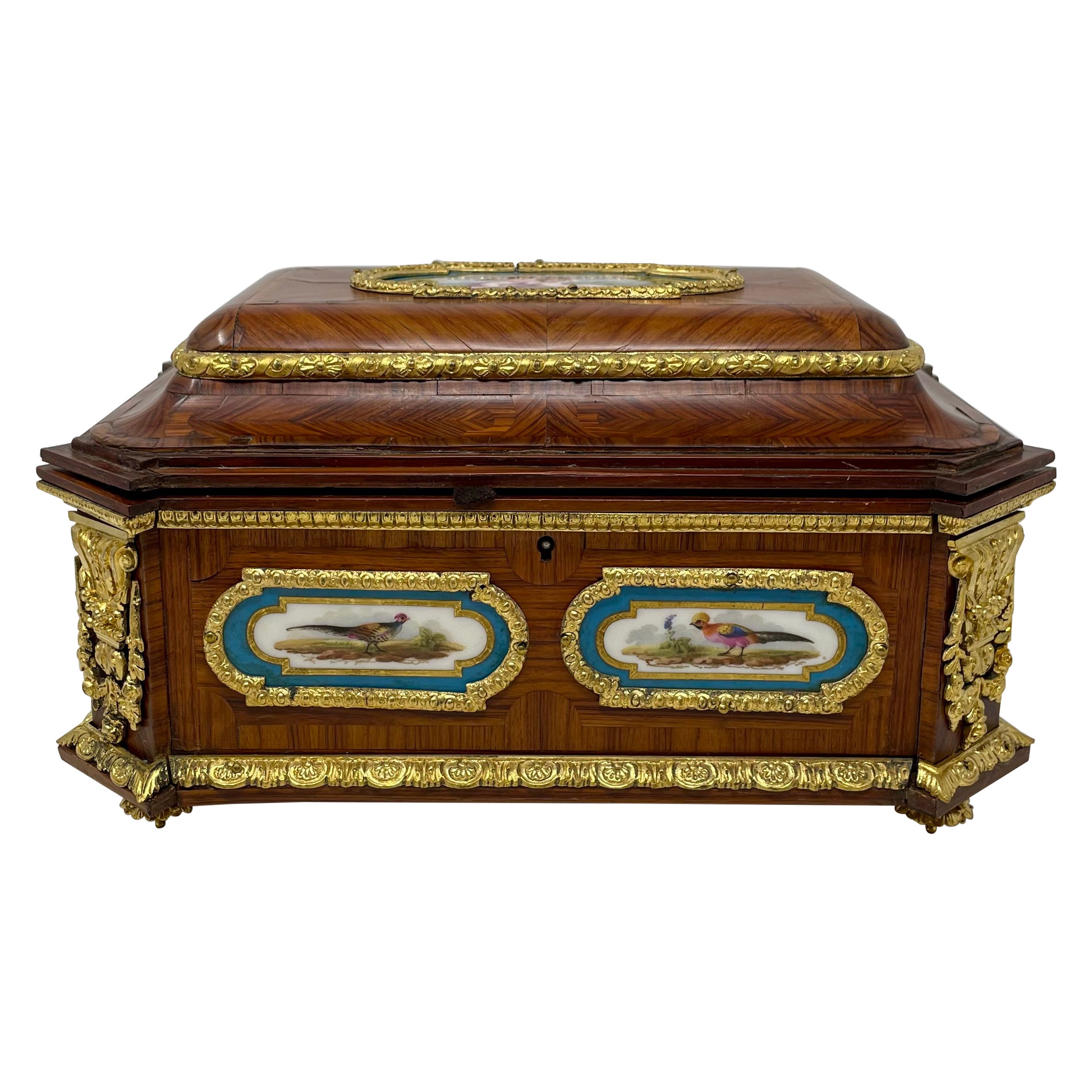 Antique French Napoleon III Kingwood Jewel Box with Sevres Porcelain Plaques.