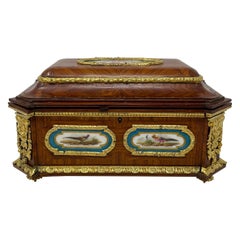 Antique French Napoleon III Kingwood Jewel Box with Sevres Porcelain Plaques.