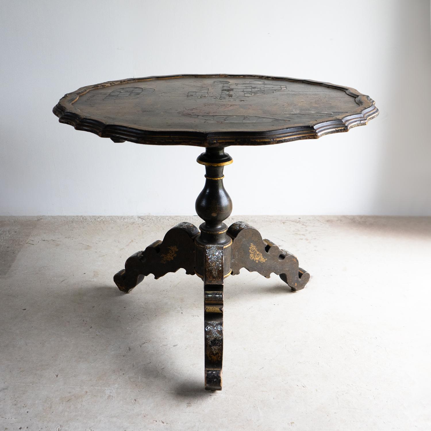 Antique French Napoleon III Lacquered Pedestal Table, Inlaid Hand Painted 19th C For Sale 7