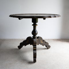 Antique French Napoleon III Lacquered Pedestal Table, Inlaid Hand Painted 19th C