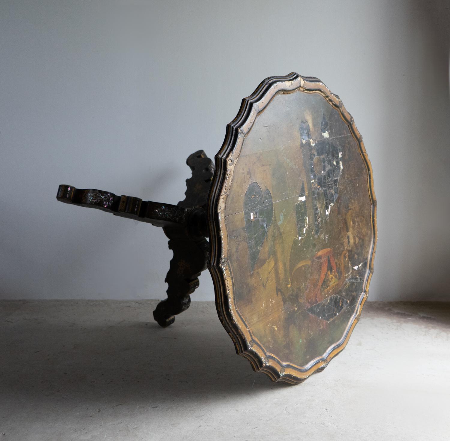 Ebonized Antique French Napoleon III Lacquered Pedestal Table, Inlaid Hand Painted 19th C For Sale