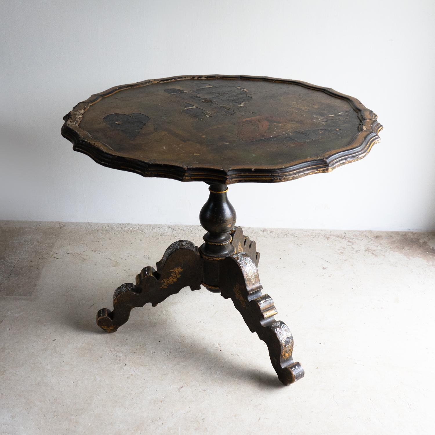 19th Century Antique French Napoleon III Lacquered Pedestal Table, Inlaid Hand Painted 19th C For Sale