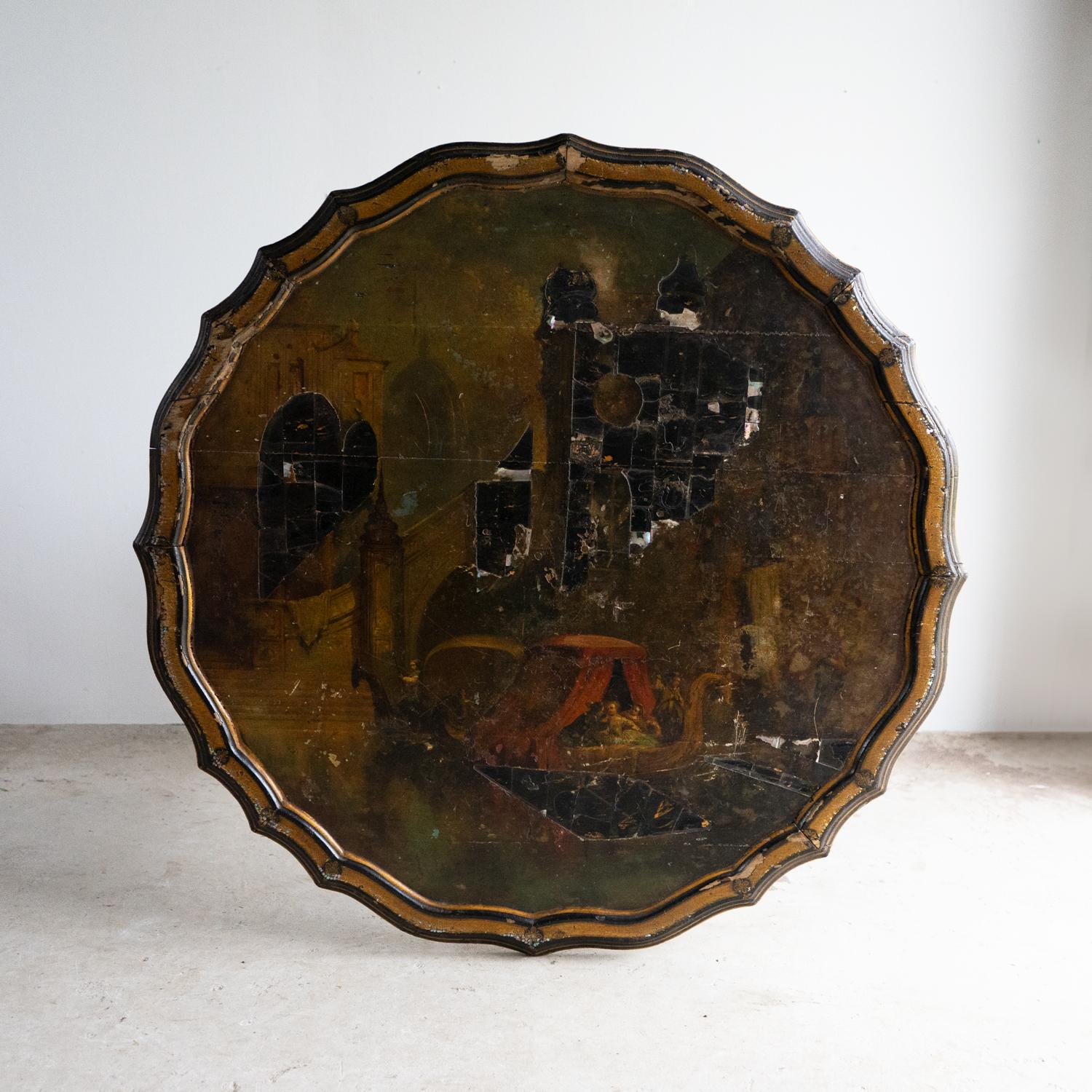 Antique French Napoleon III Lacquered Pedestal Table, Inlaid Hand Painted 19th C For Sale 1
